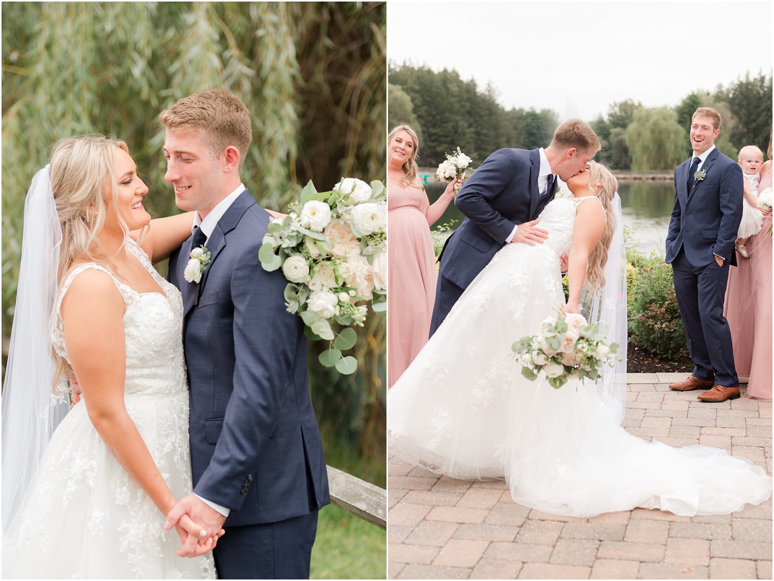 bride and groom kiss with wedding party around them