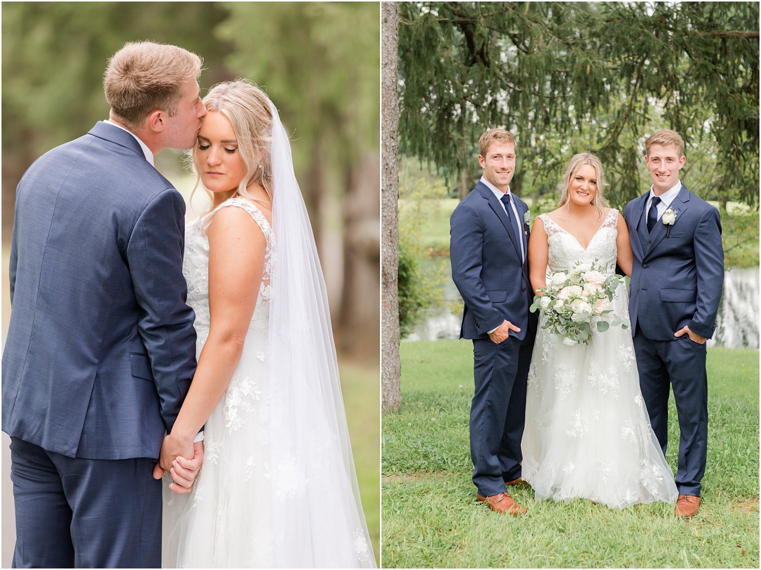 bride poses with brothers on wedding day