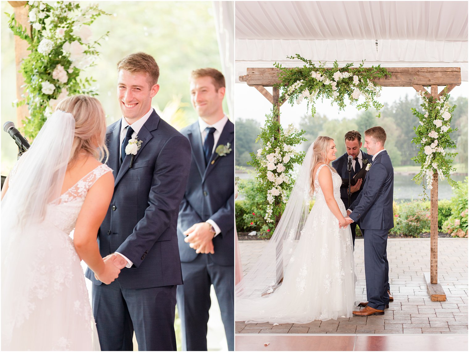 bride and groom laugh during Windows on the Water at Frogbridge ceremony under tent