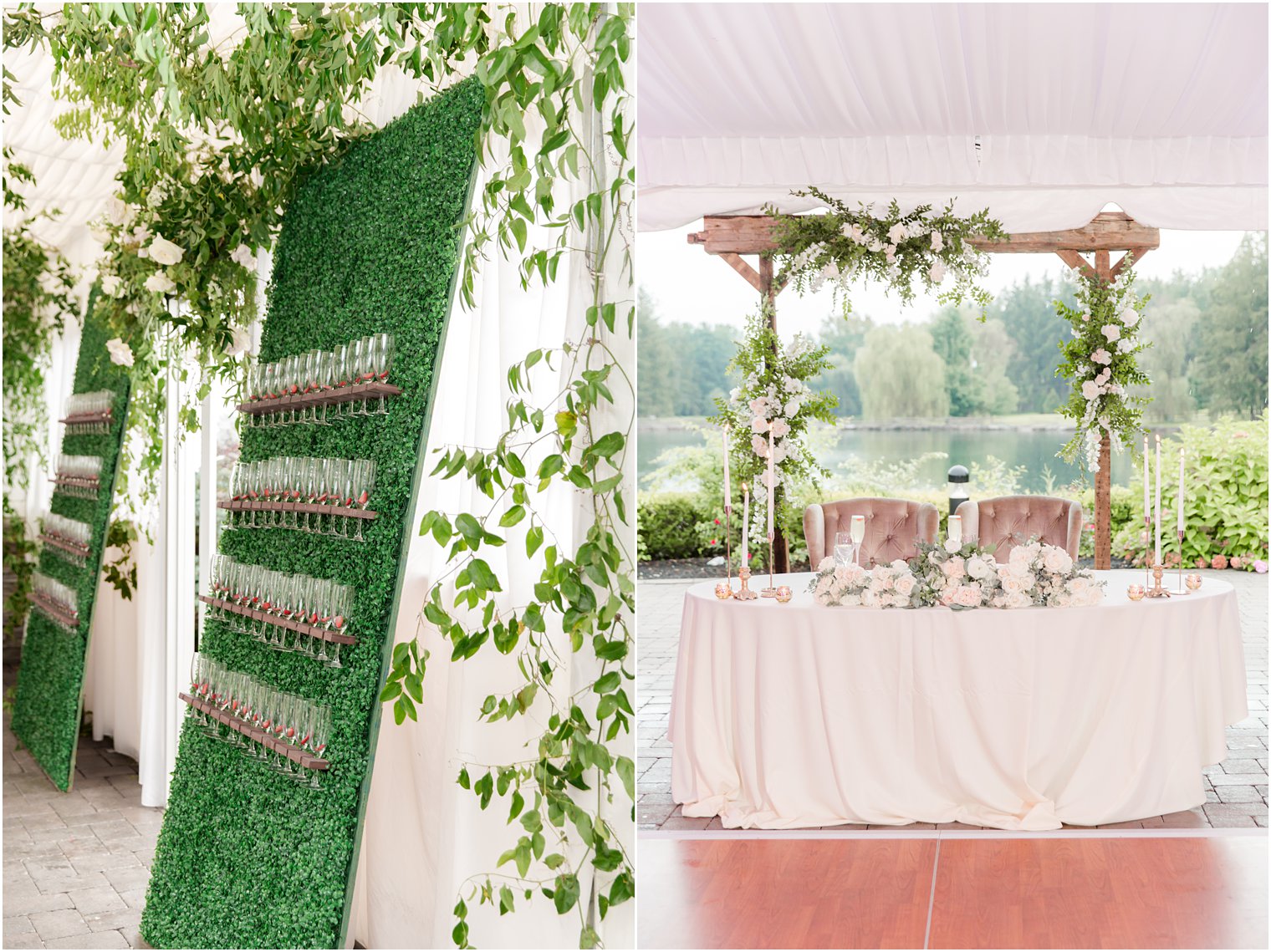 sweetheart table and champagne wall at Windows on the Water at Frogbridge Wedding reception 