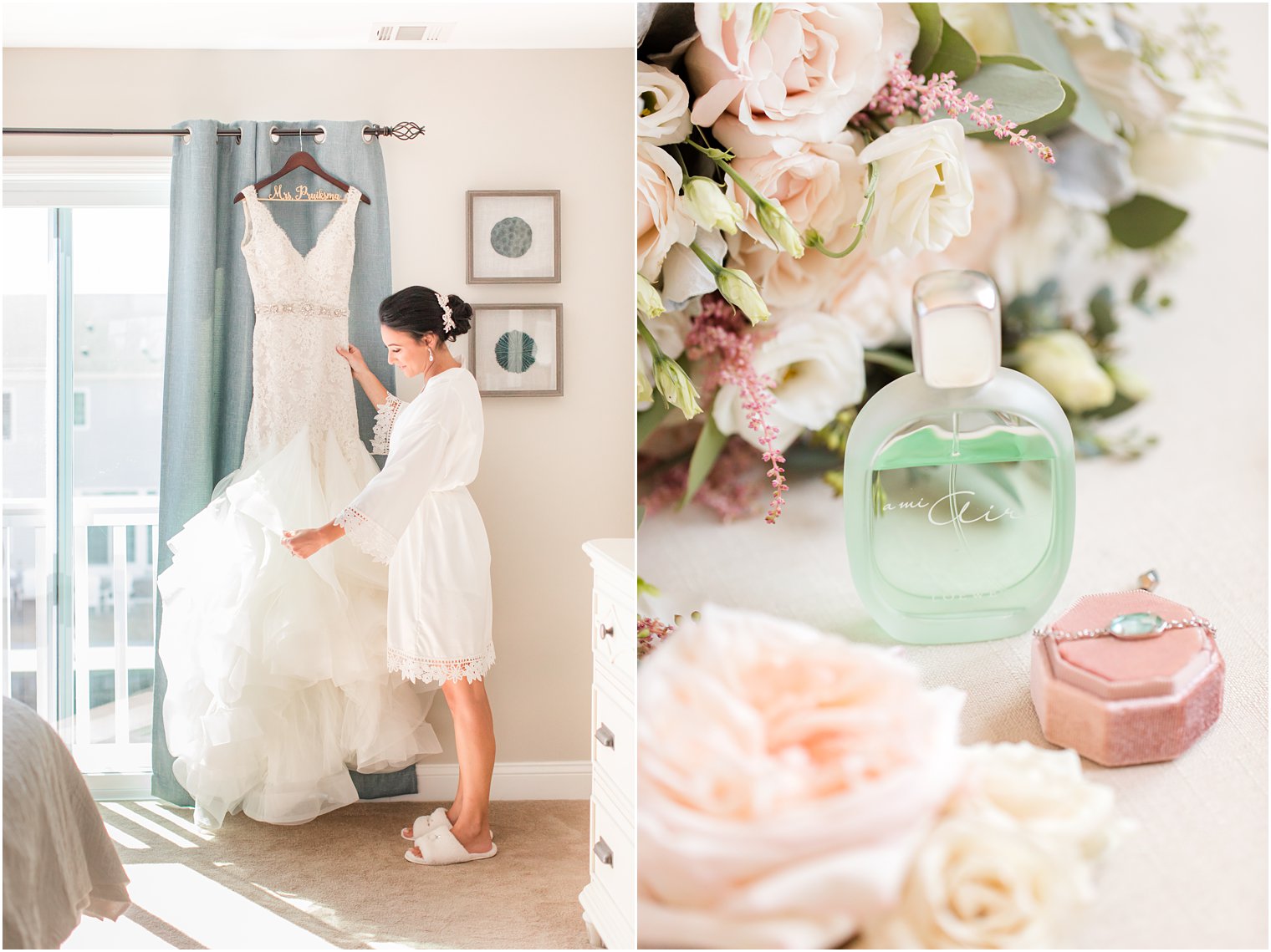 bride looks at wedding gown before Clarks Landing wedding