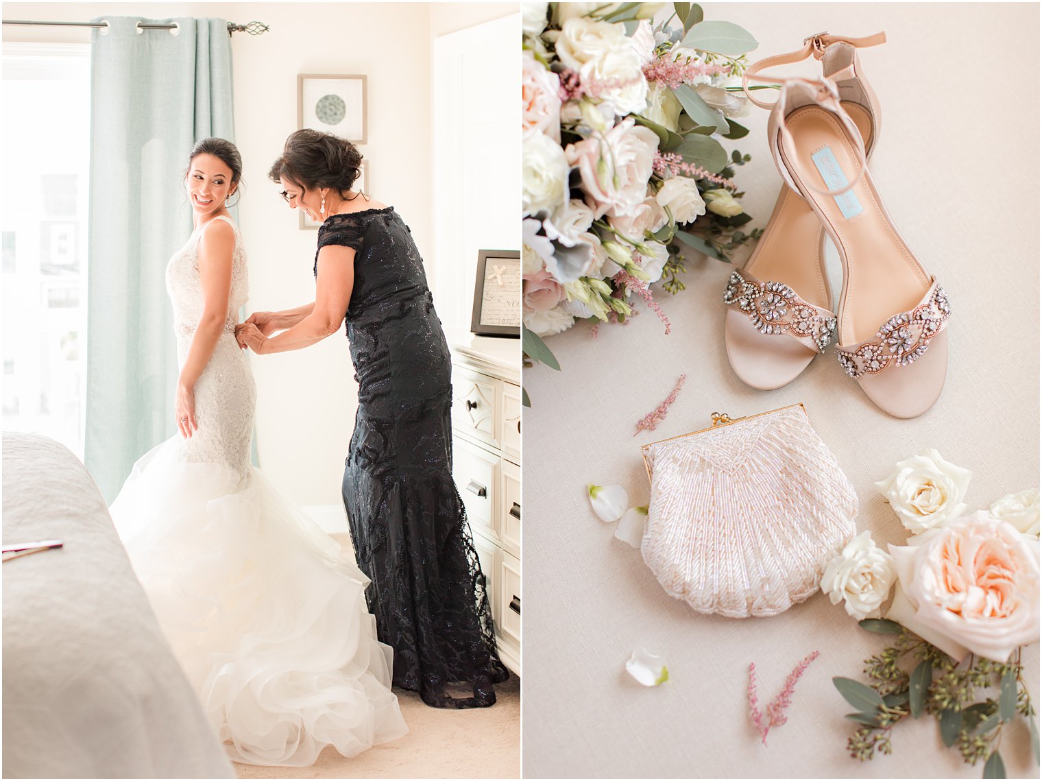 mom helps bride into wedding gown before Clarks Landing wedding