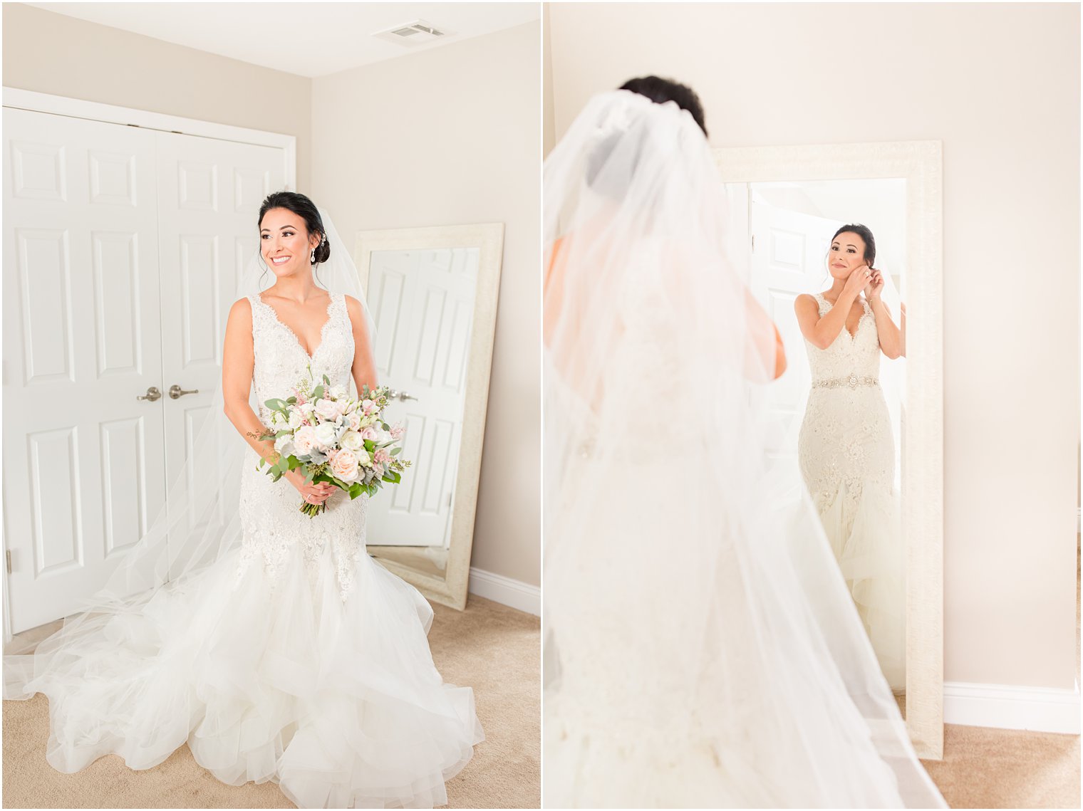 bride looks in mirror before NJ wedding day