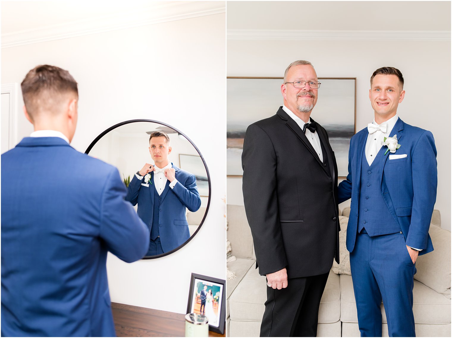 groom and dad prepare for Clarks Landing wedding day together 