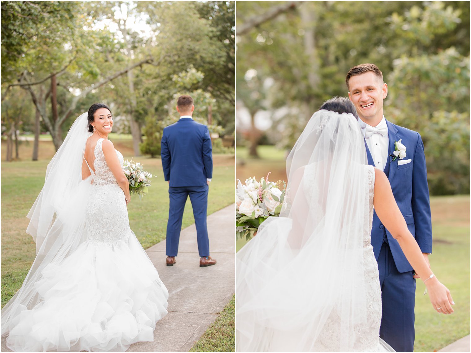 bride and groom laugh during first look in NJ