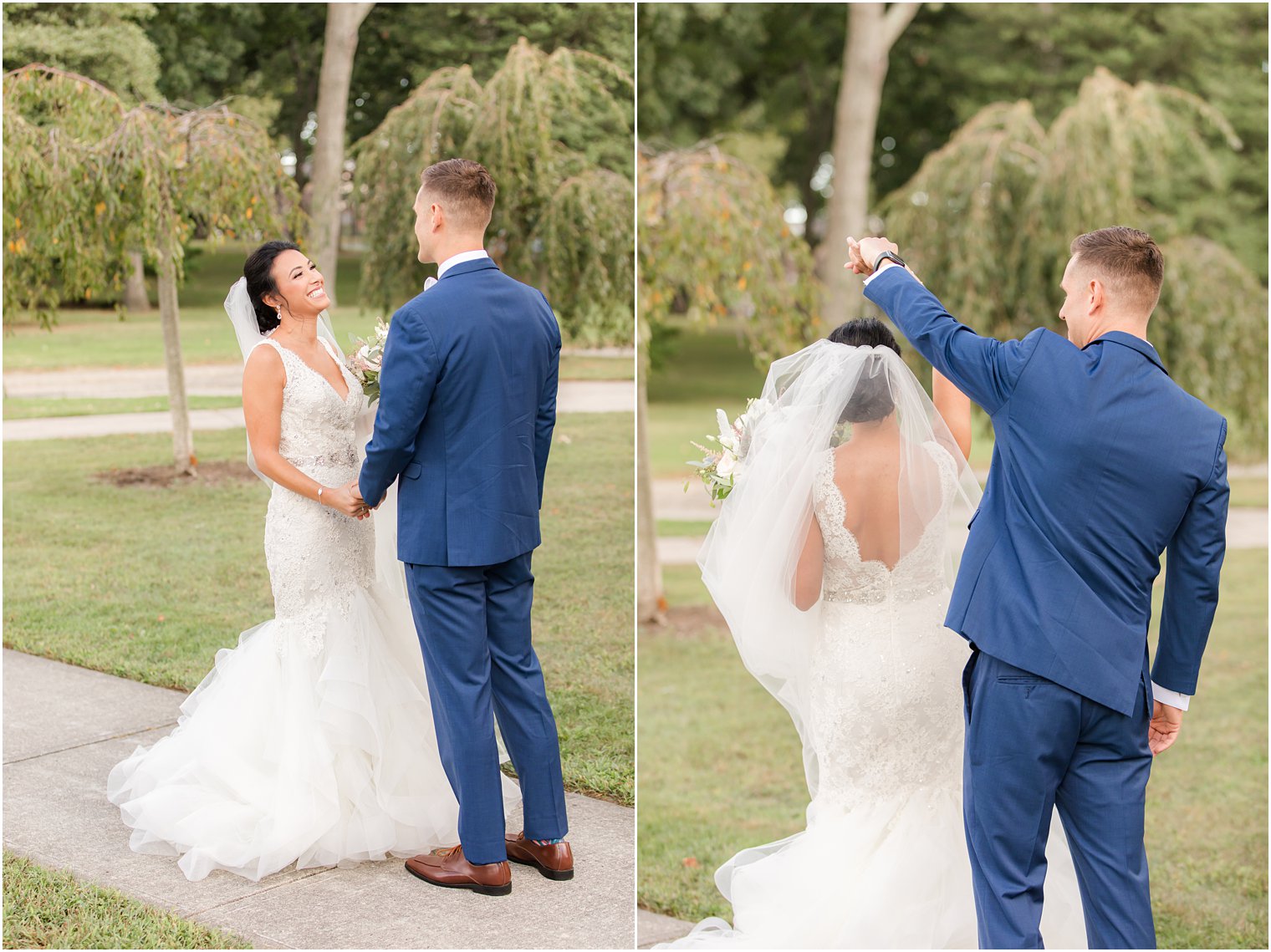 groom twirls bride during NJ wedding day first look