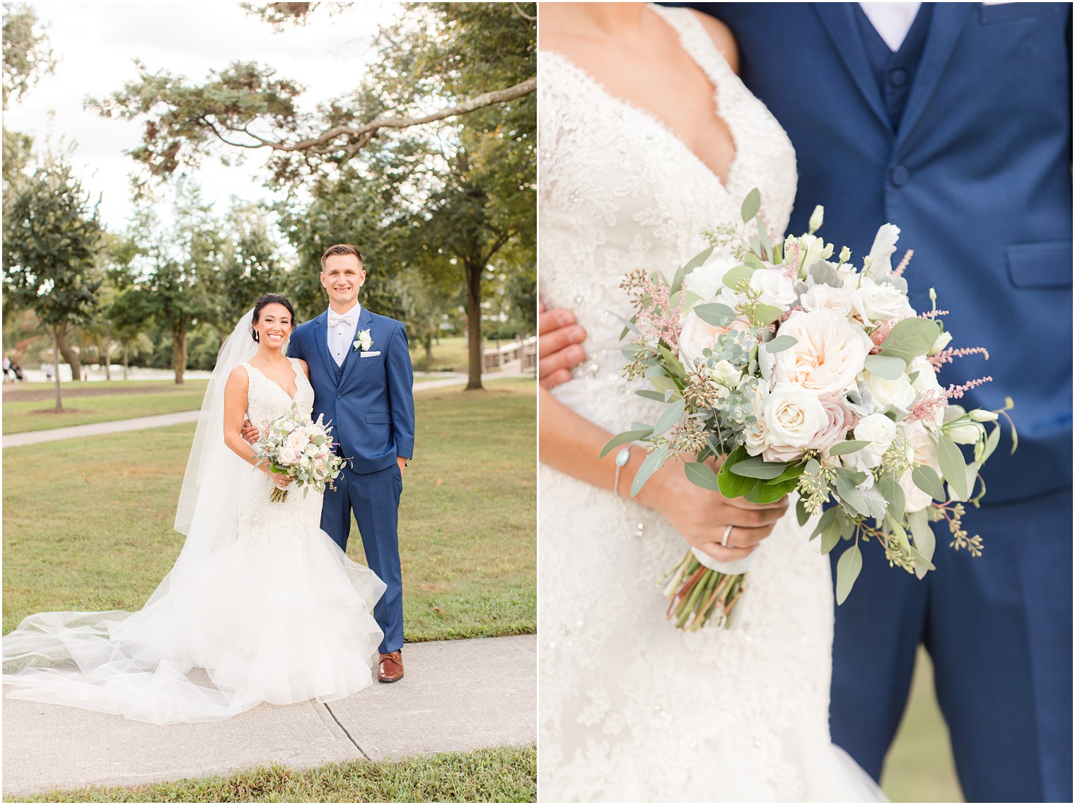 newlyweds pose in New Jersey park during wedding portraits