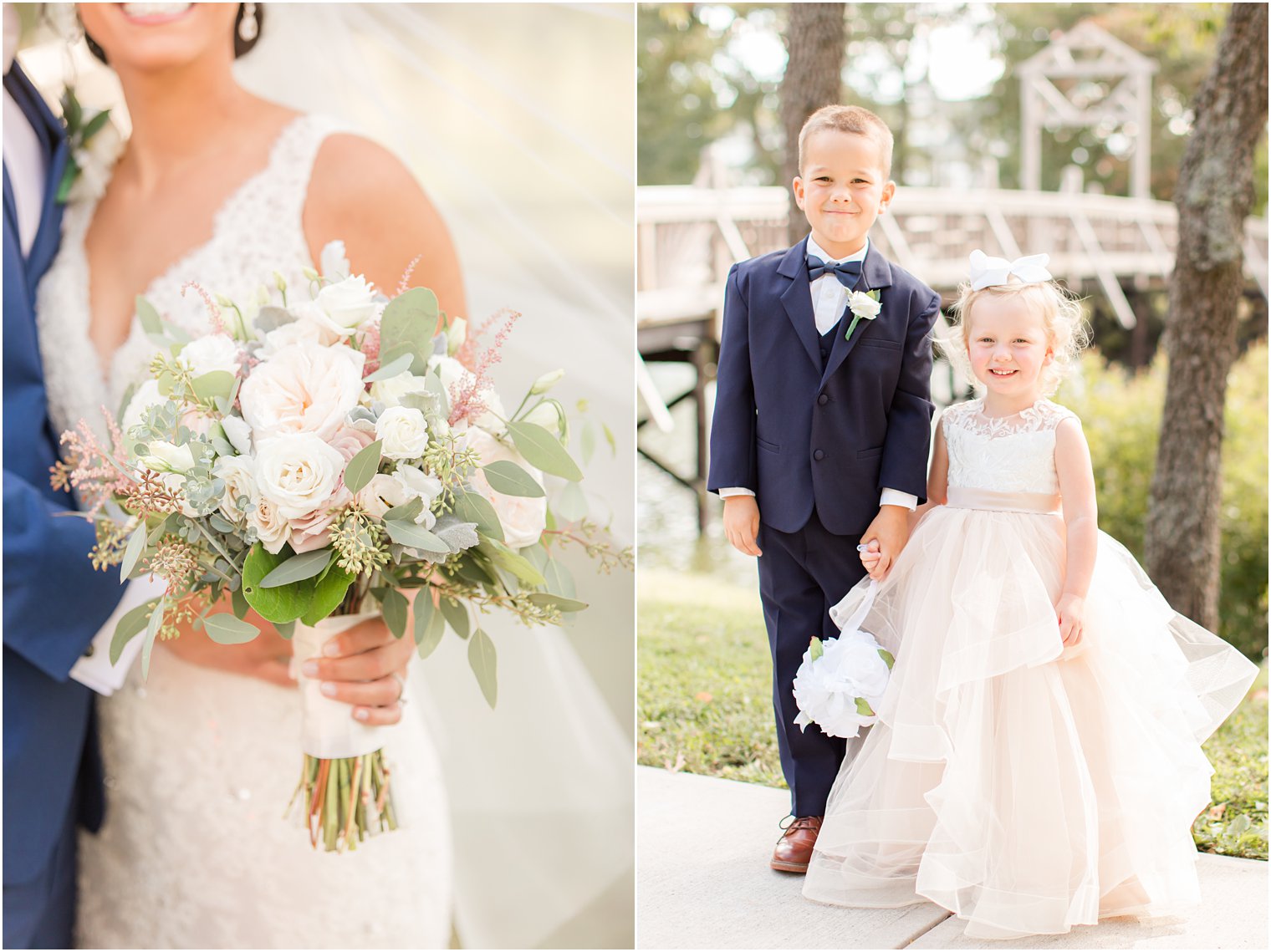 bride holds bouquet of pastel and ivory flowers and flower girl and ring bearer stand together 