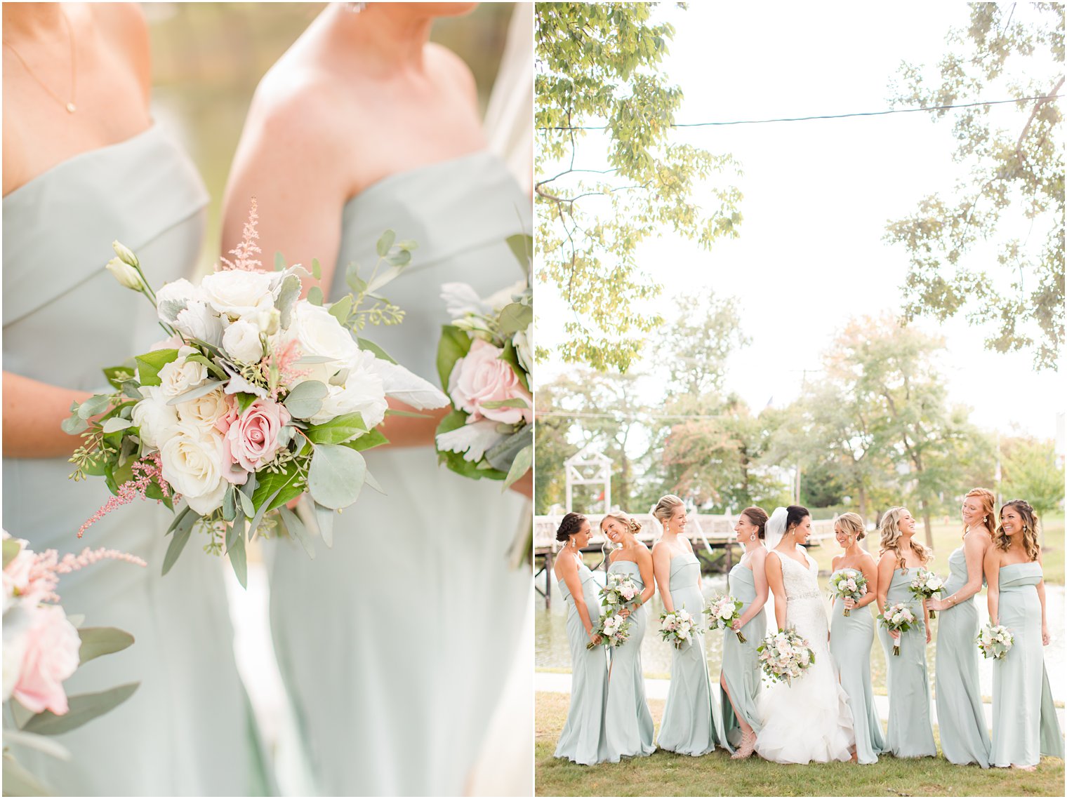 bride and bridesmaids pose in New Jersey park in sage green gowns