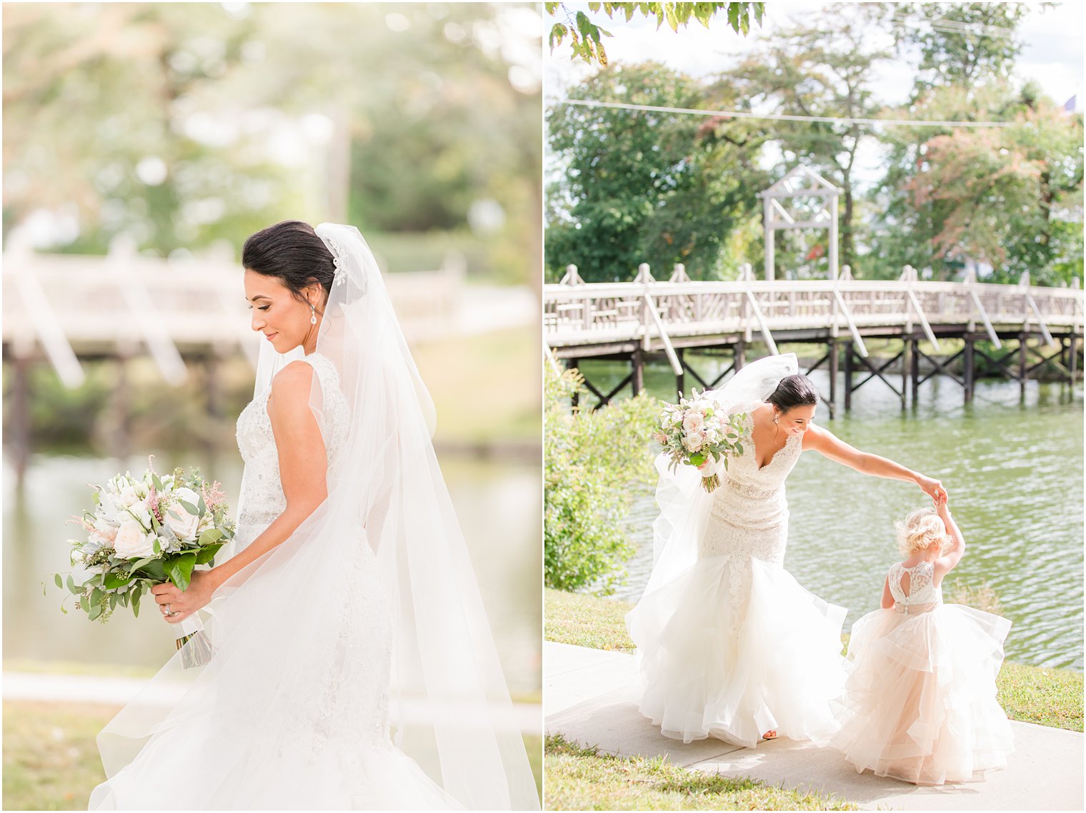 bride twirls flower girl during NJ wedding portraits 