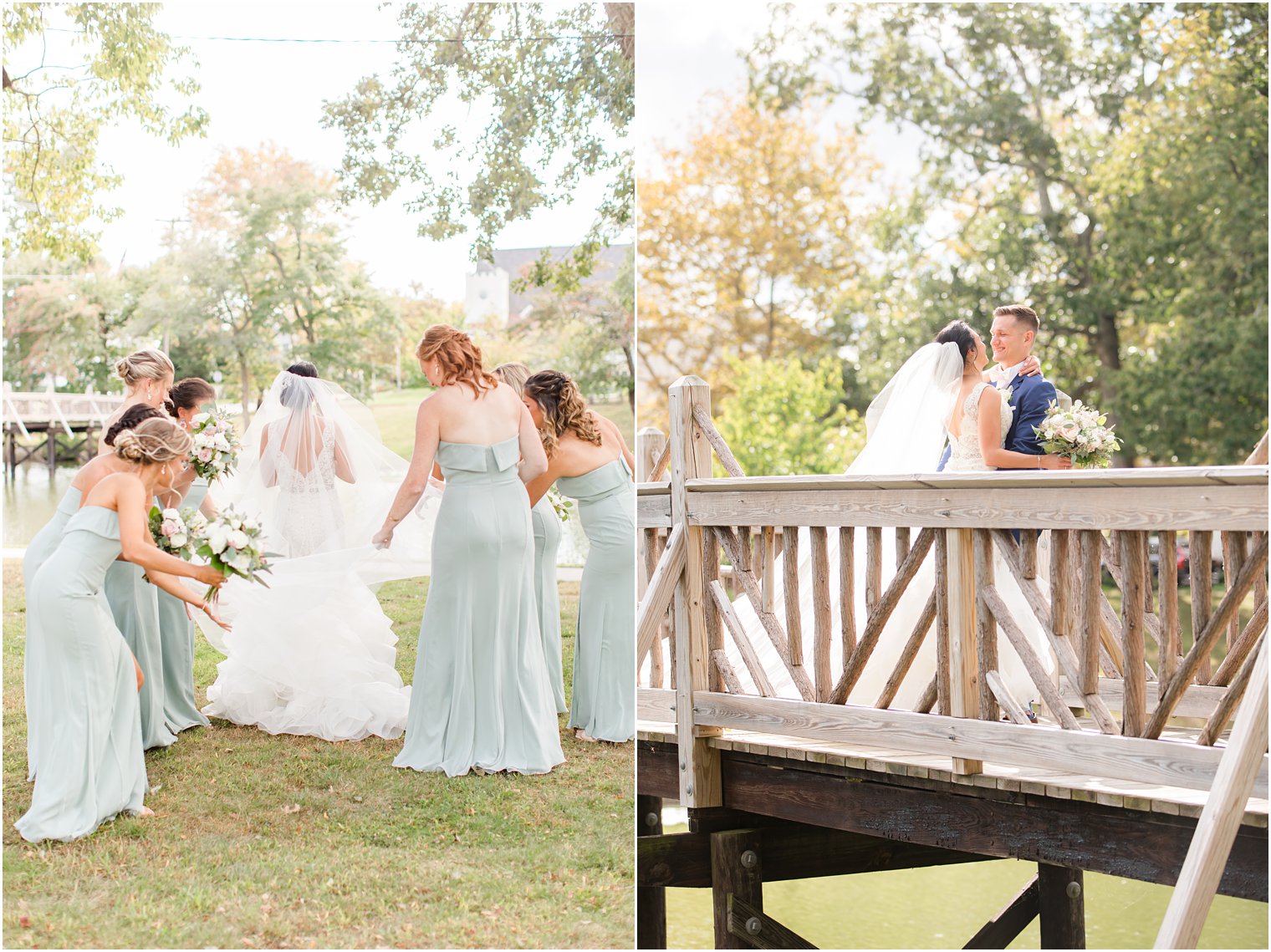 bridesmaids help bride fluff veil before portraits