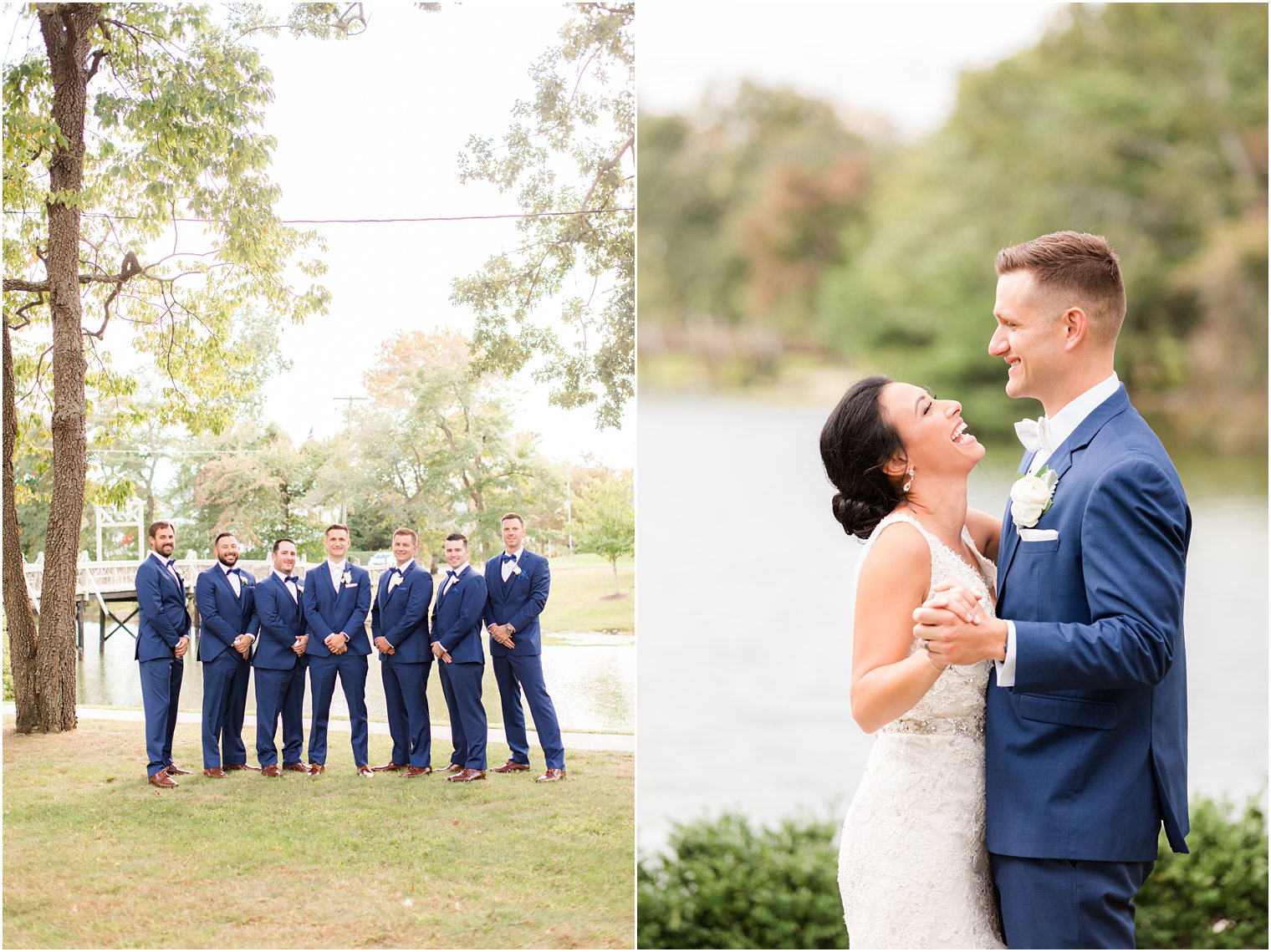 groom pose with groomsmen in navy suits