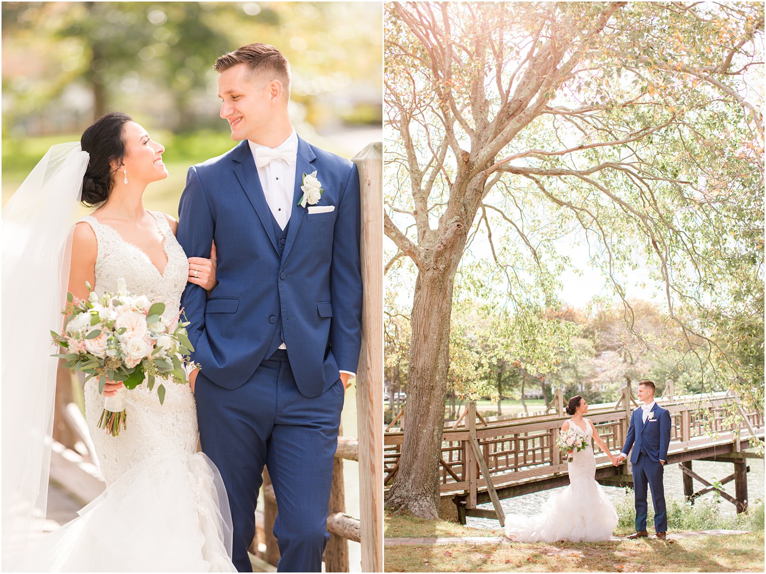 bride and groom pose by wooden bridge in New Jersey