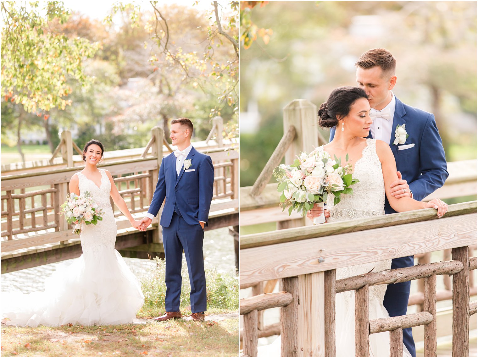 newlyweds pose on wooden bridge in Delran NJ