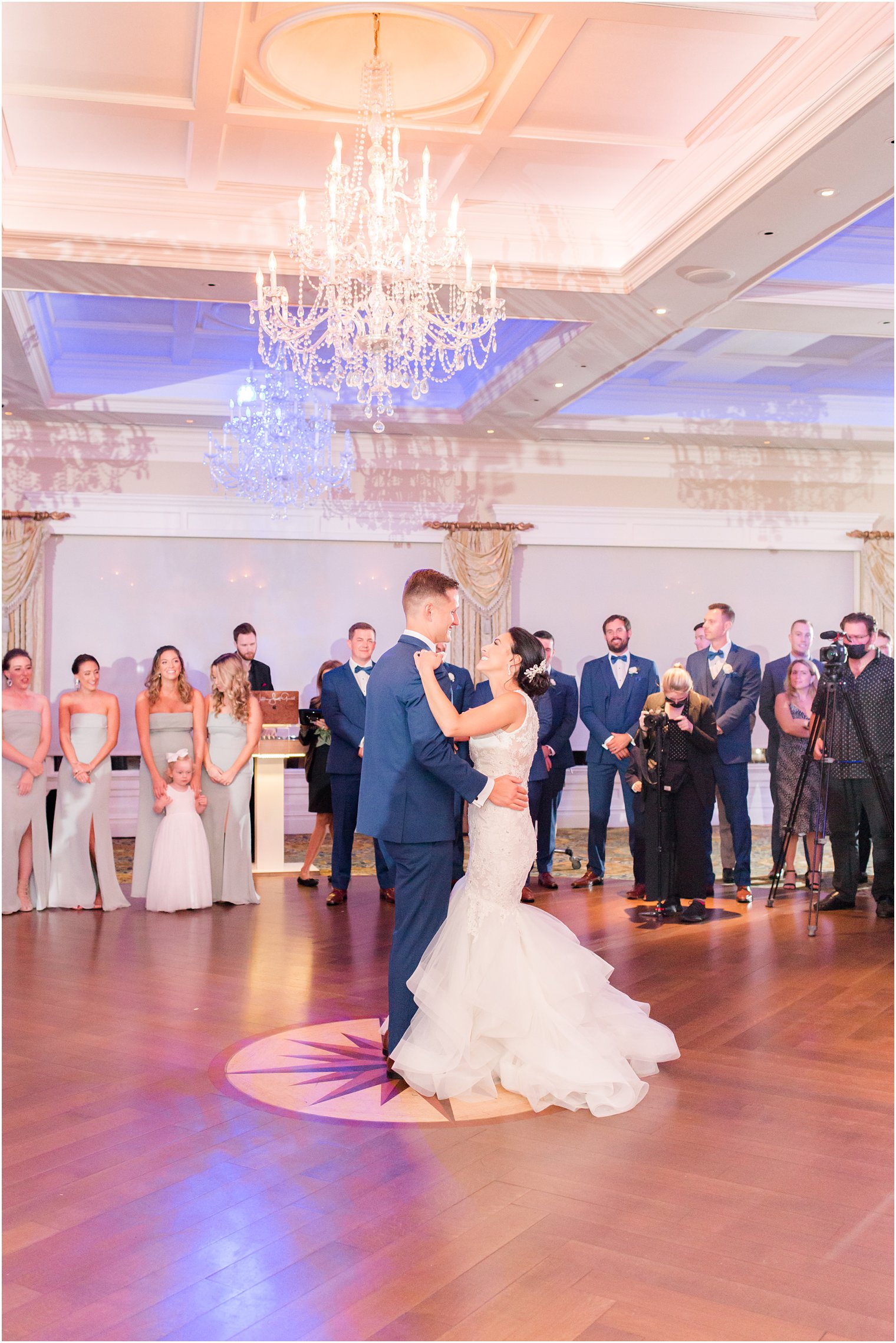 bride and groom dance in Clarks Landing ballroom