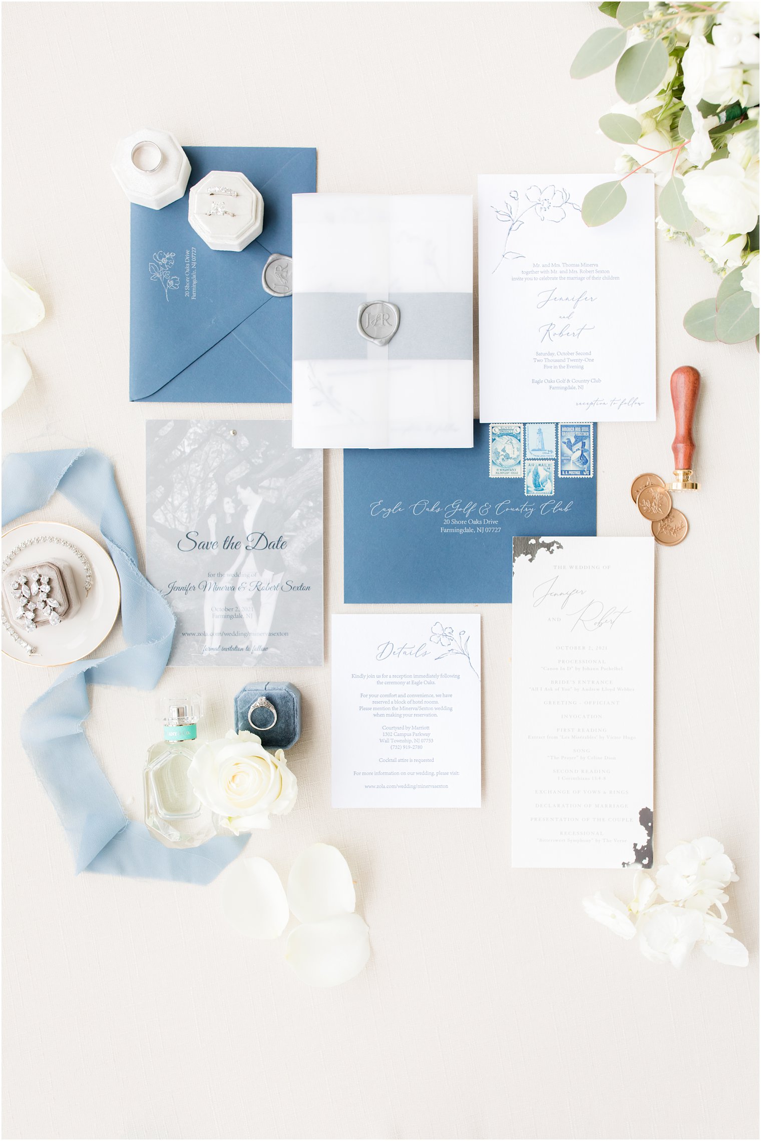 custom pale blue and silver wedding invites for Farmingdale NJ wedding
