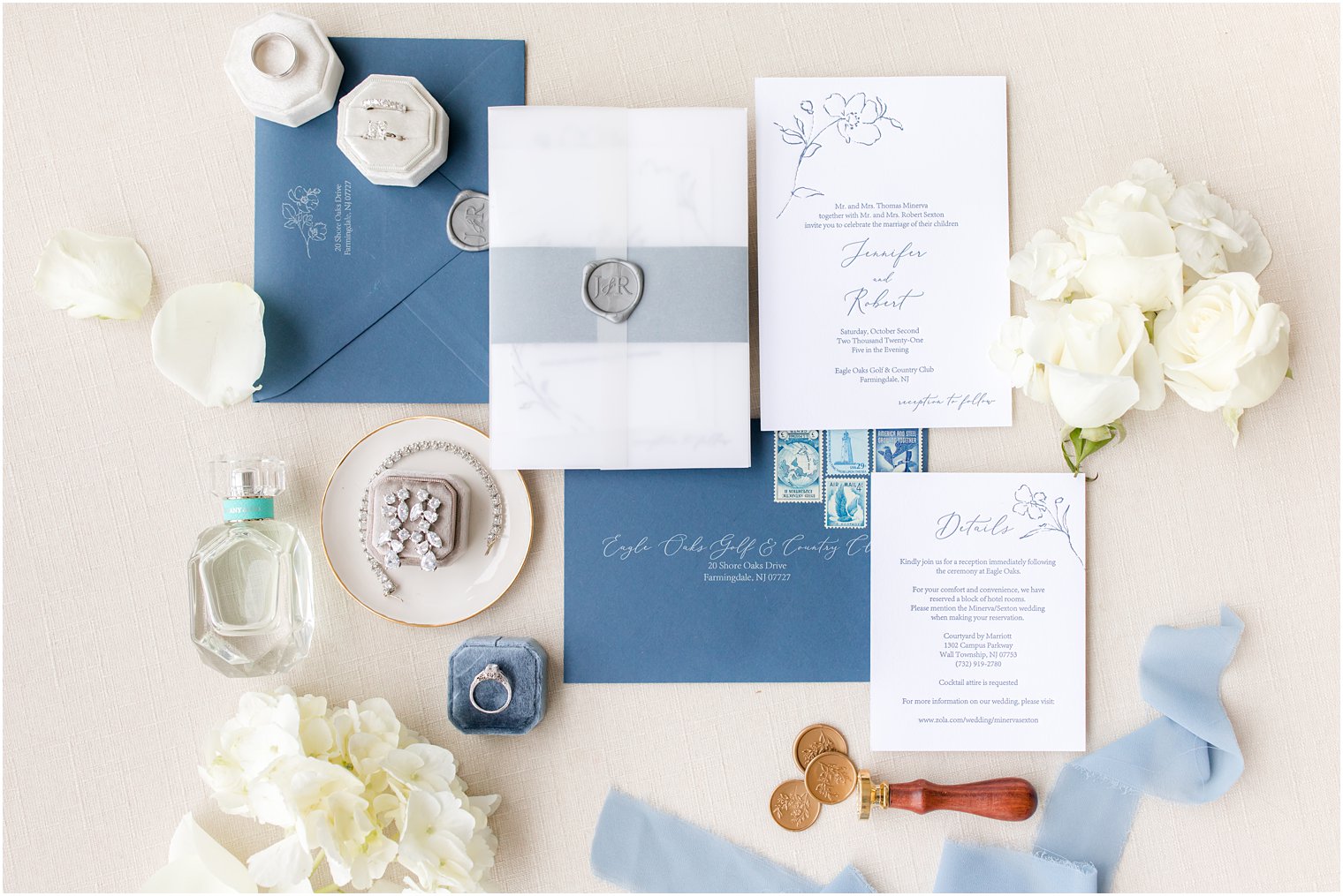 blue, white, and silver wedding invitation for New Jersey wedding