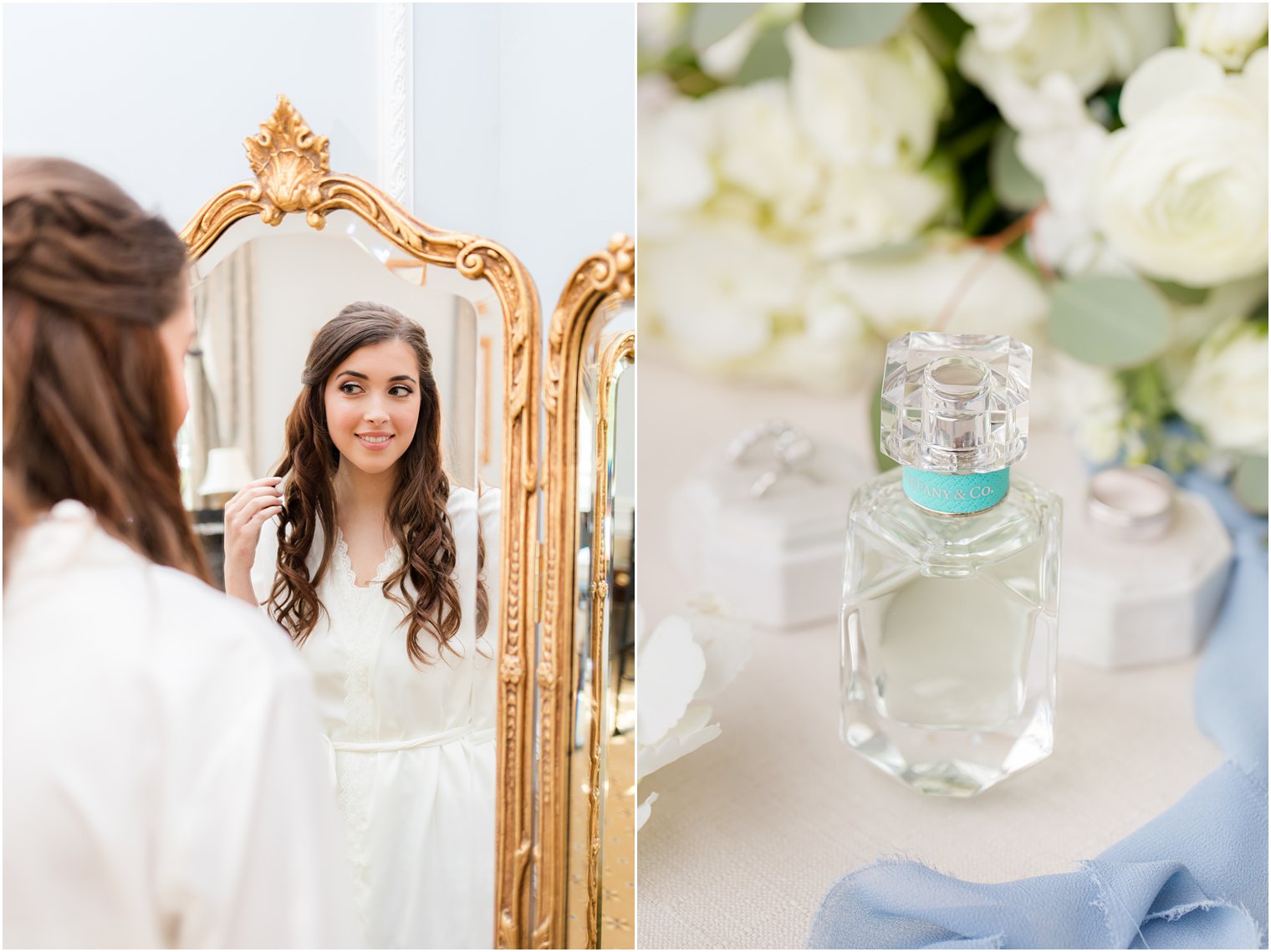 bride looks in mirror preparing for NJ wedding day