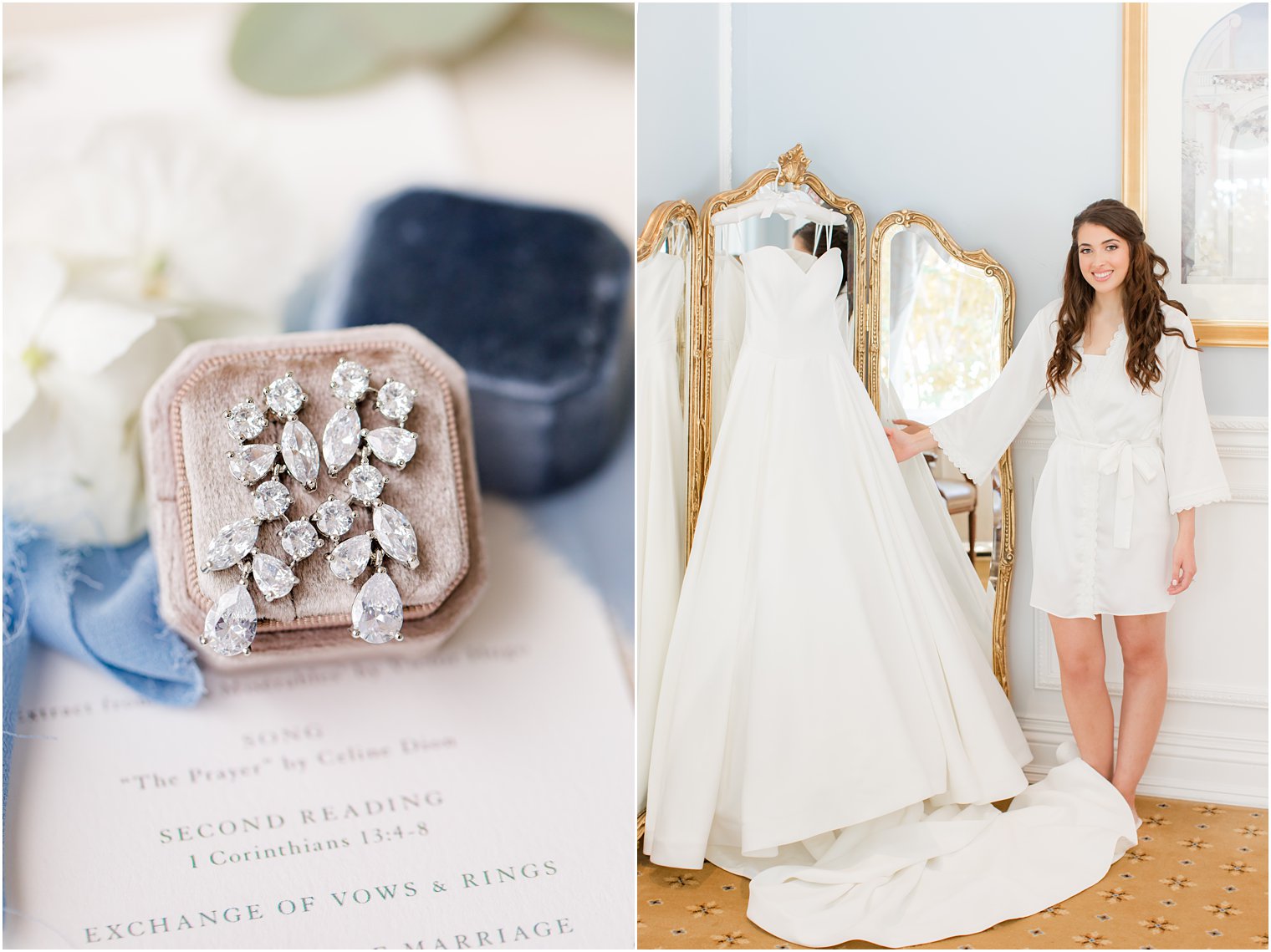 bride stands by wedding gown hanging on gold mirror at Eagle Oaks