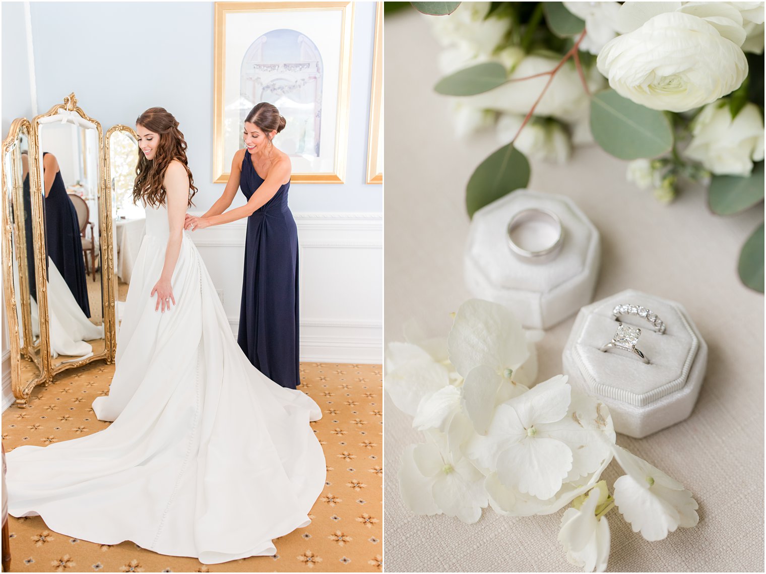 bridesmaid helps bride with gown on wedding morning