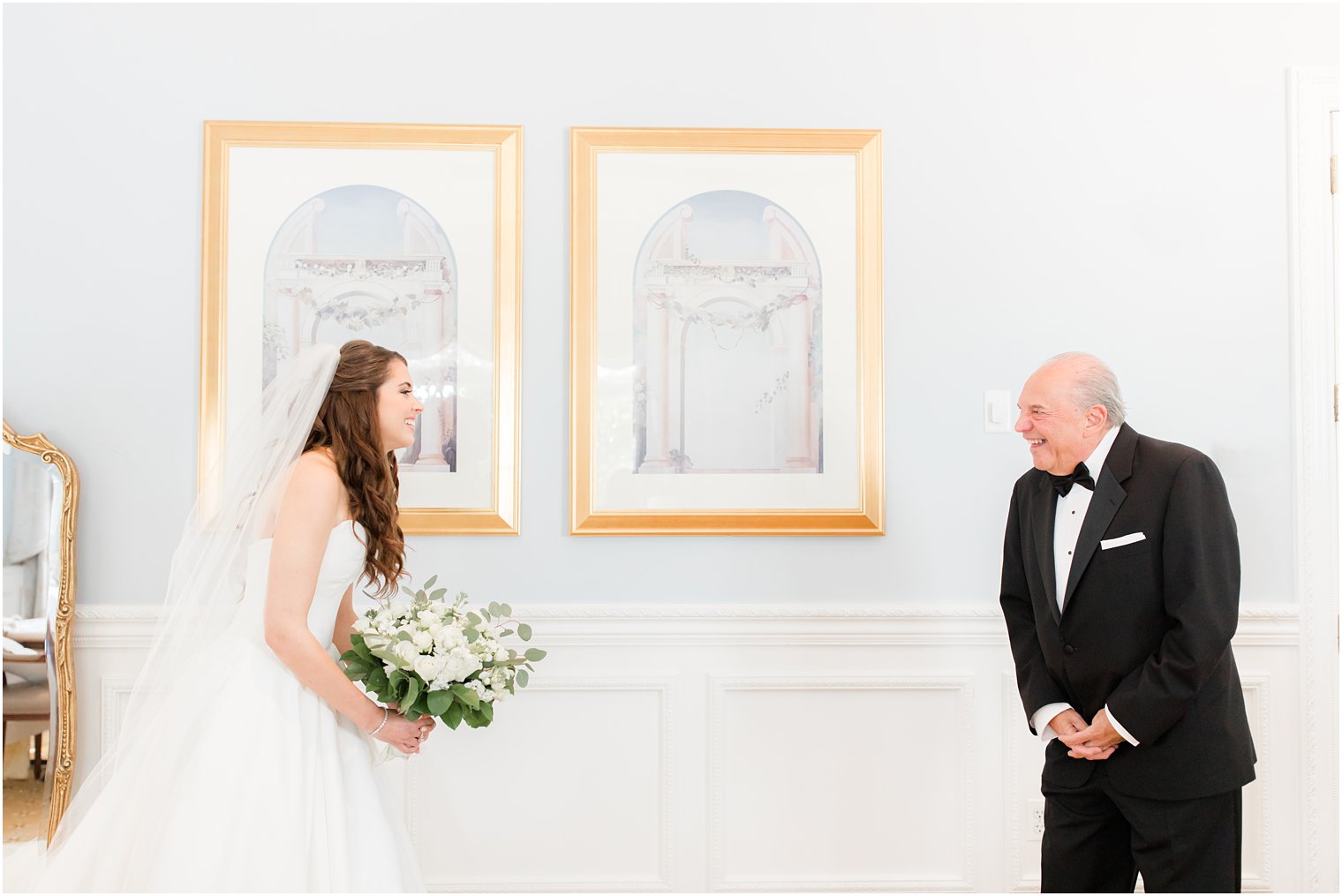 bride has first look with dad during Farmingdale NJ wedding