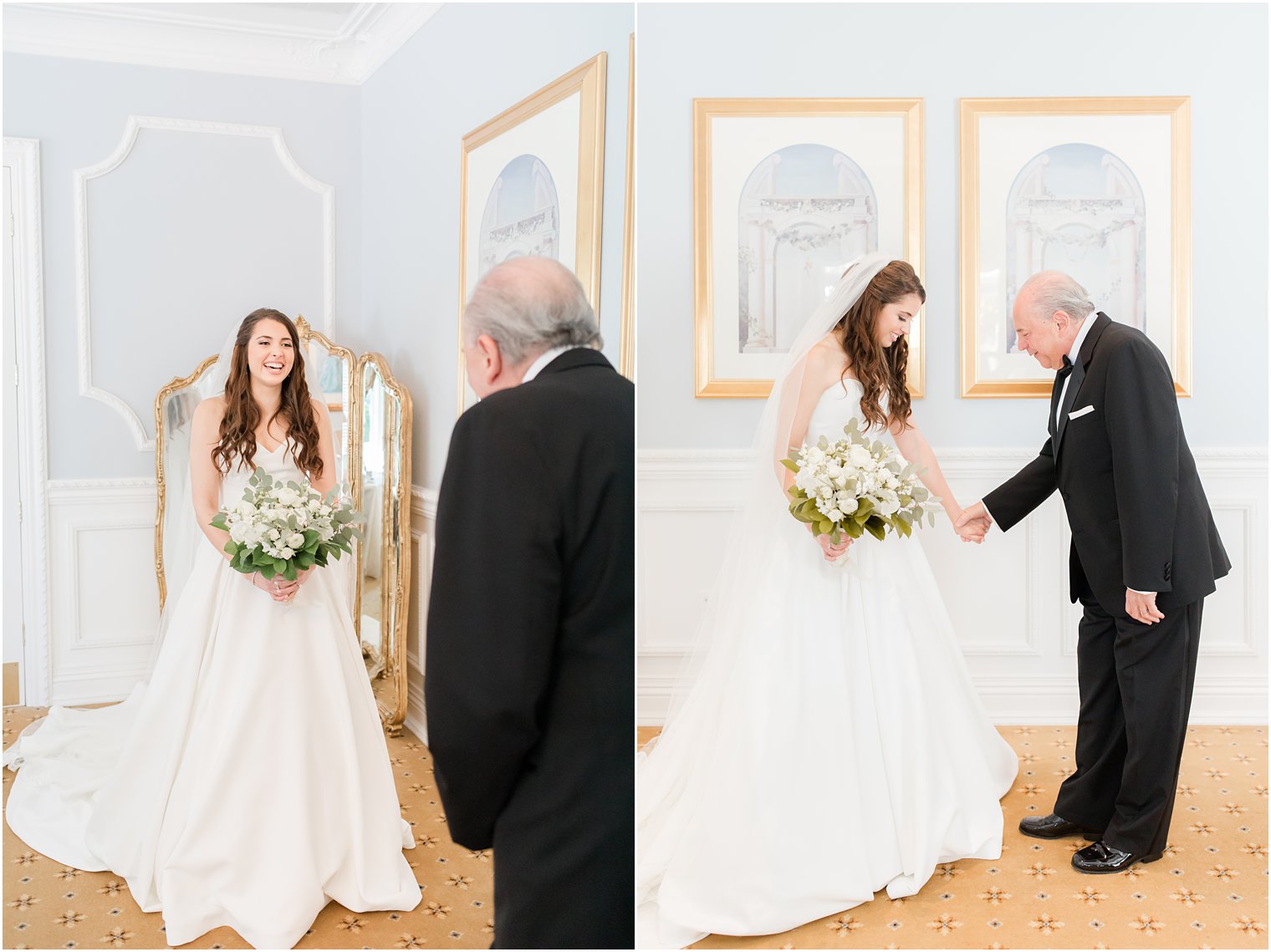 bride and dad have first look before NJ wedding