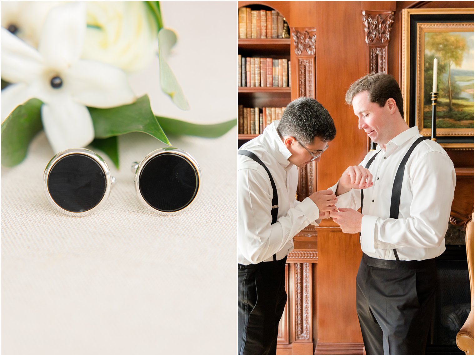 groom puts on cufflinks for NJ wedding day