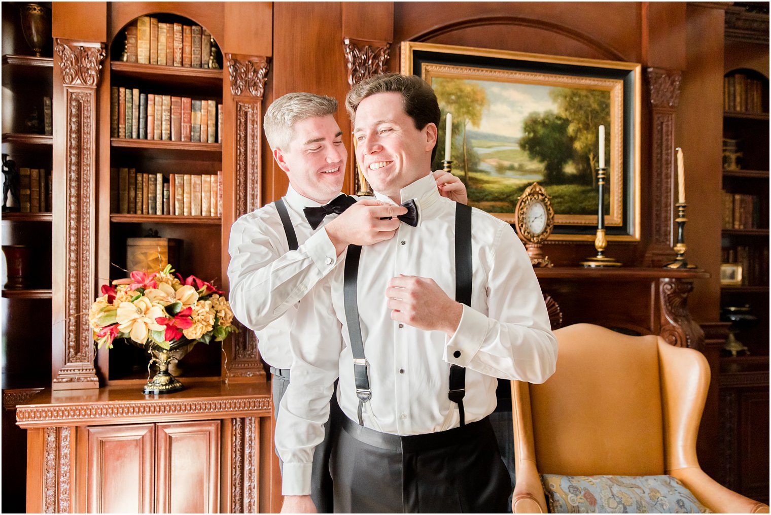 groomsman helps groom prepare for NJ wedding day