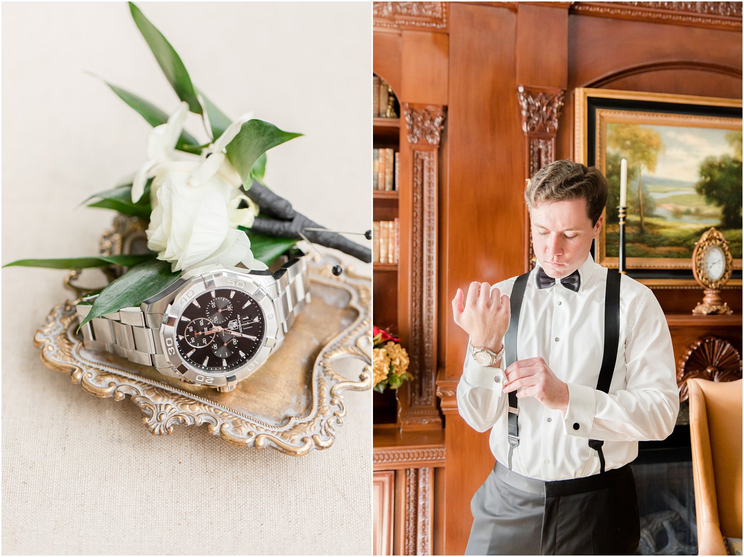 groom adjusts cufflinks during Eagle Oaks wedding day prep