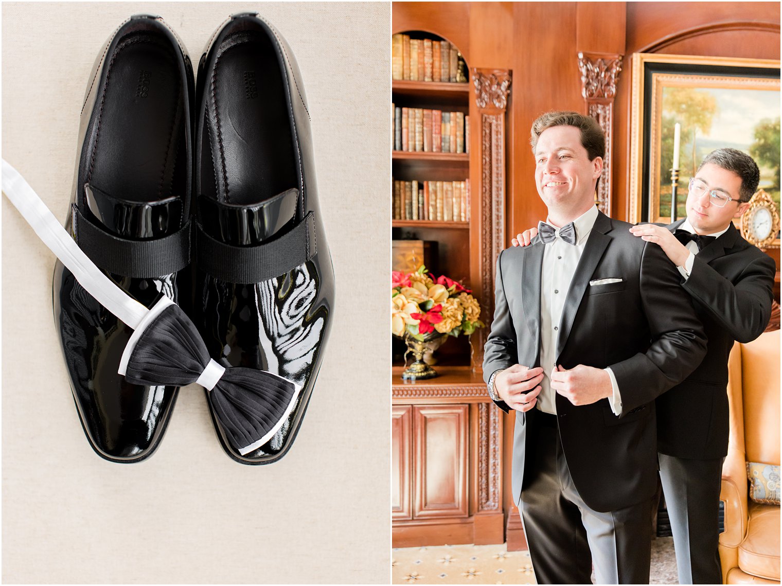 groom prepares for NJ wedding day with groomsman