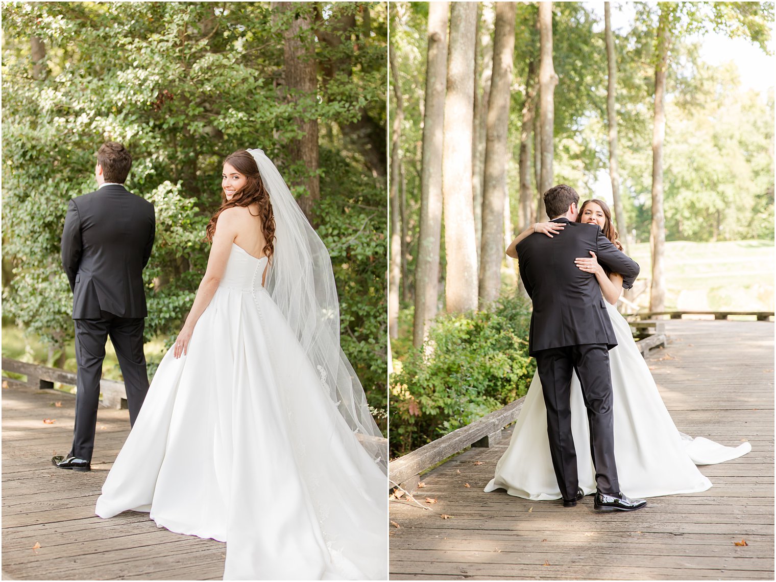 bride approaches groom for first look at Eagle Oaks