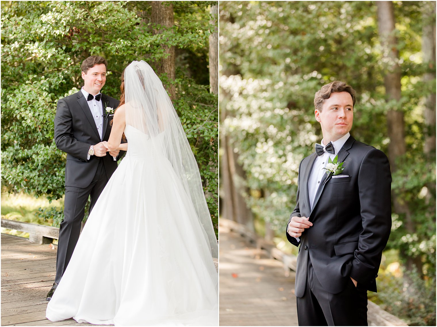 bride and groom have first look in woods at Eagle Oaks