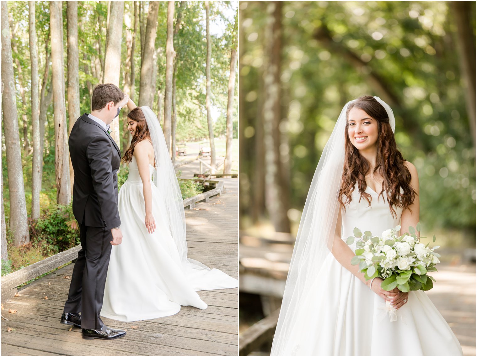 bride and groom have first look at Eagle Oaks