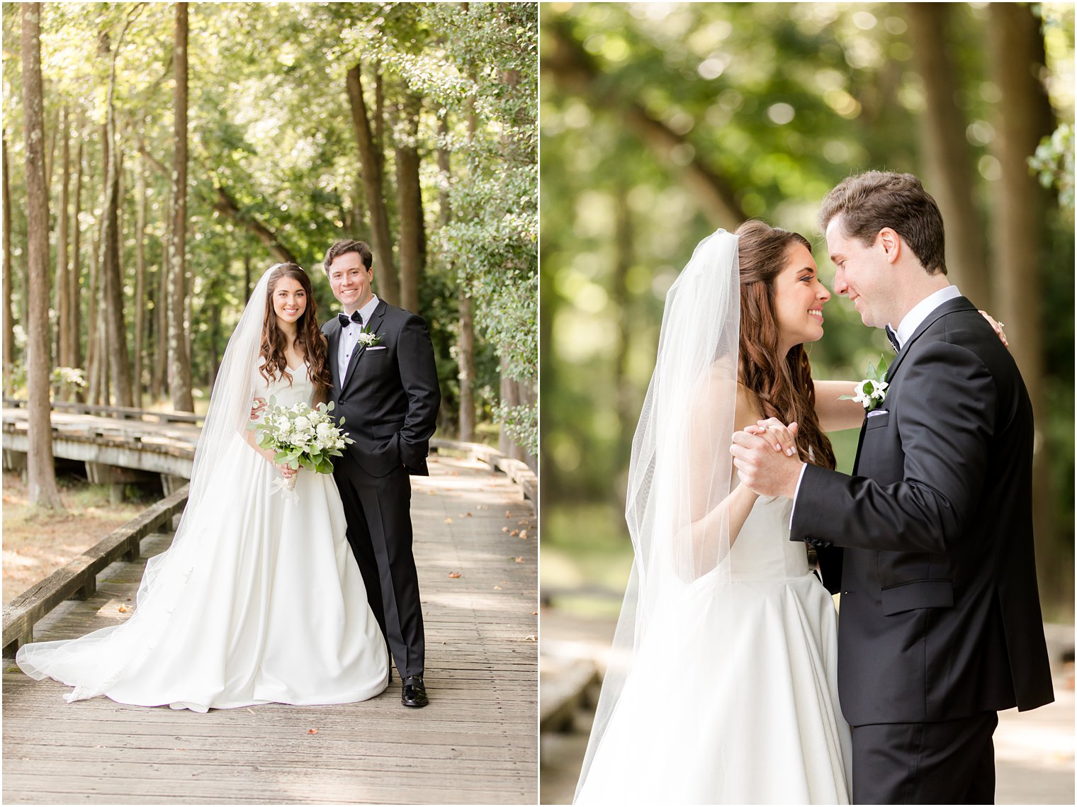 newlyweds pose on wooden walkway at Eagle Oaks 