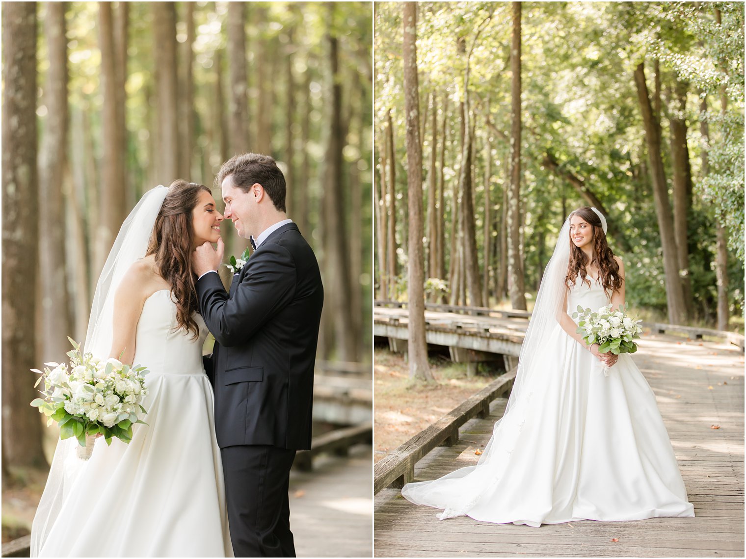 bride and groom pose on walkway at Eagle Oaks Golf and Country Club