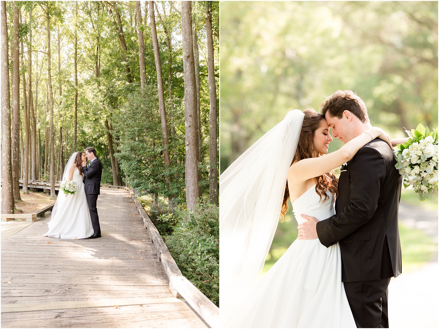 Eagle Oaks Golf and Country Club wedding portraits of bride and groom on wooden pathway