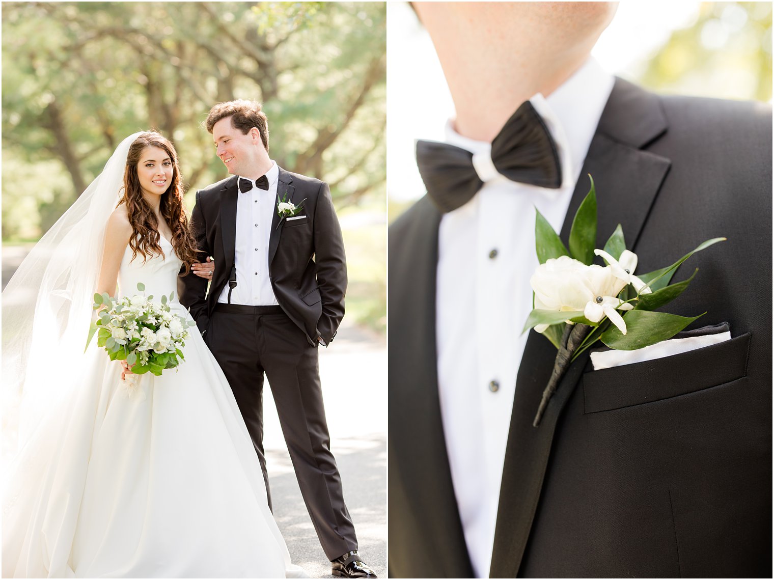 bride holds onto groom's arm during portraits at Eagle Oaks Golf and Country Club