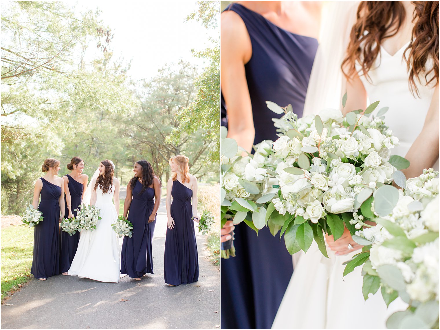 bride and bridesmaids in navy gowns walk holding bouquets of white flowers