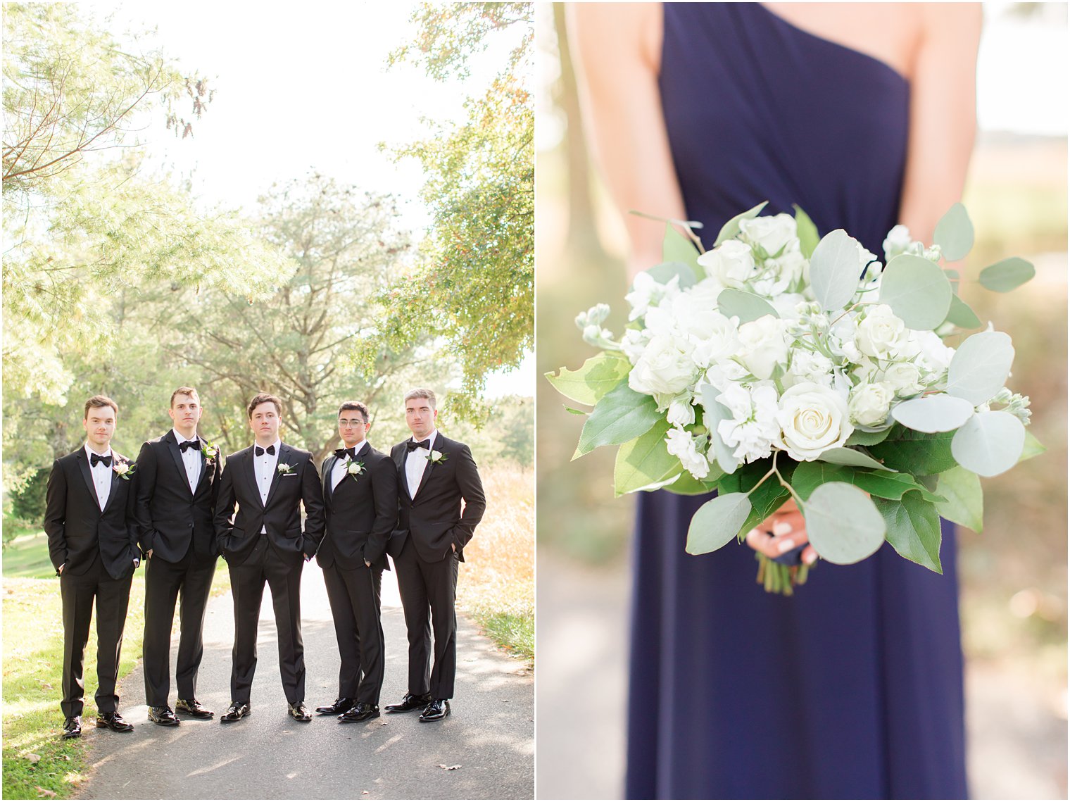bridesmaid in navy gown holds white bouquet at Eagle Oaks Golf and Country Club