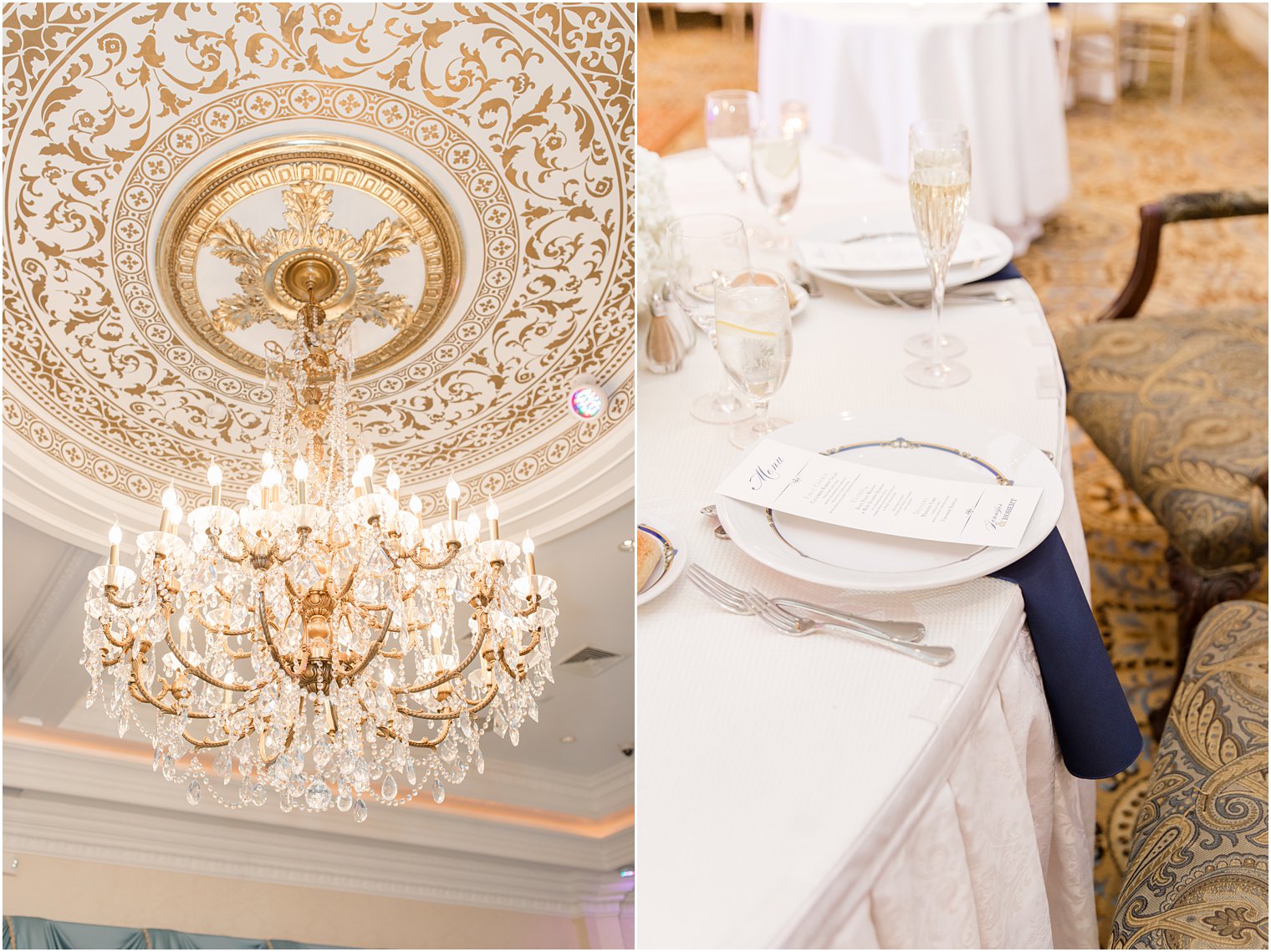 Farmingdale NJ wedding reception details with gold and white