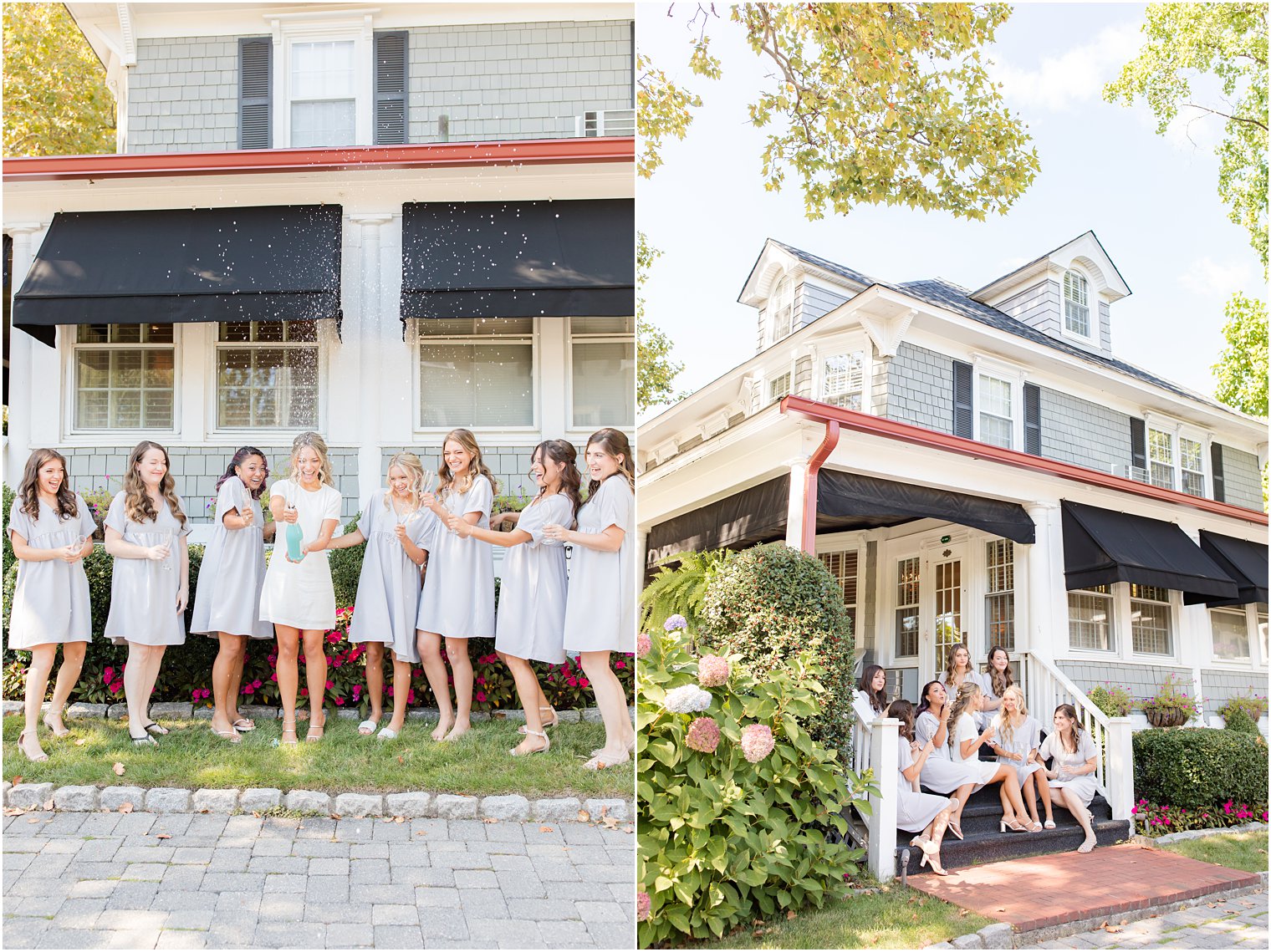 bride pops champagne during wedding prep in New Jersey