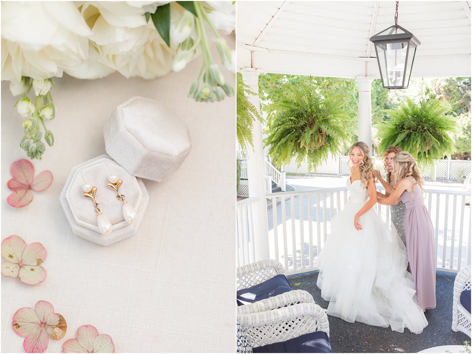 bridesmaid and mom help bride with wedding gown