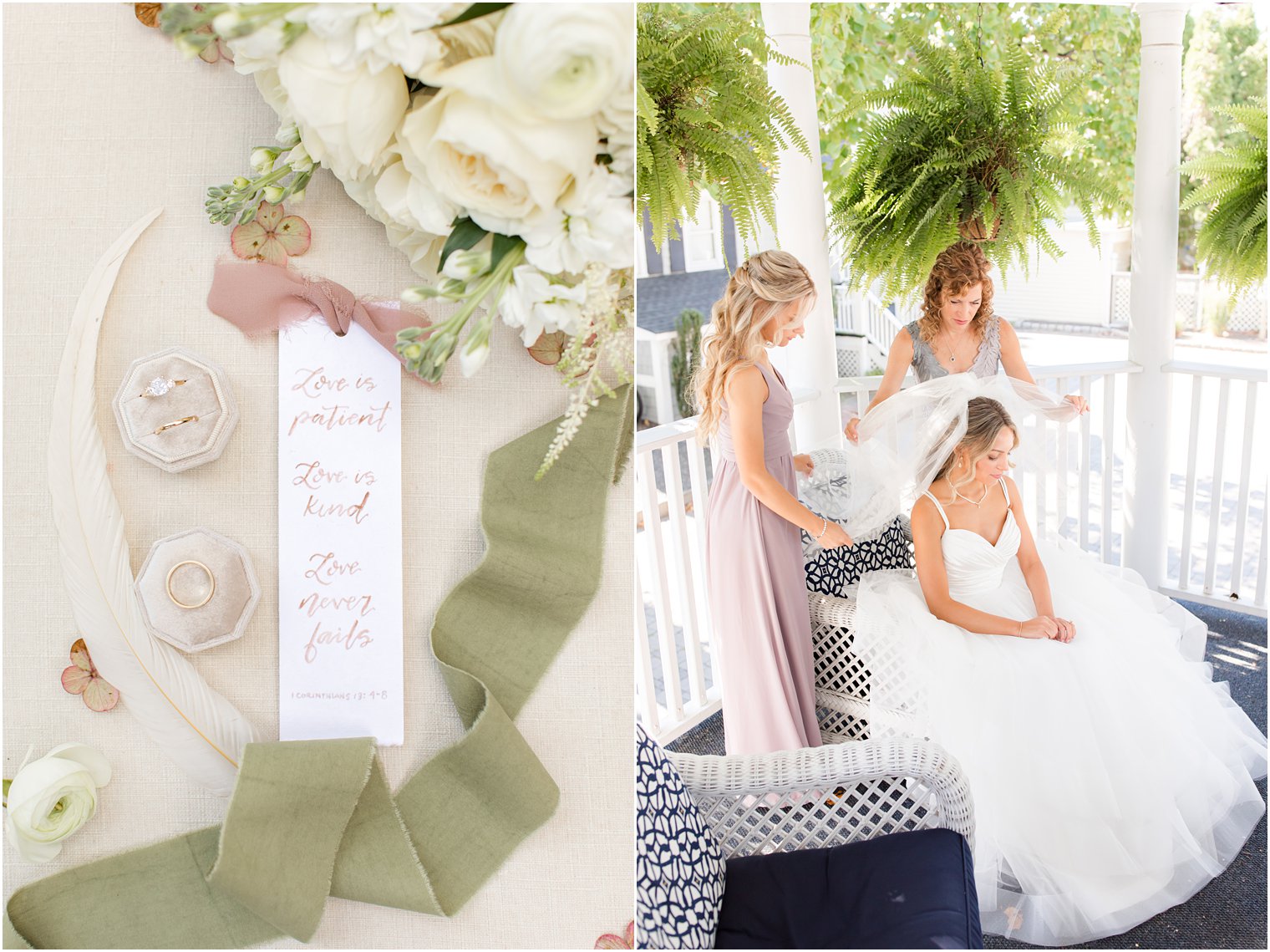 bridesmaid and mom help bride with veil on wedding day