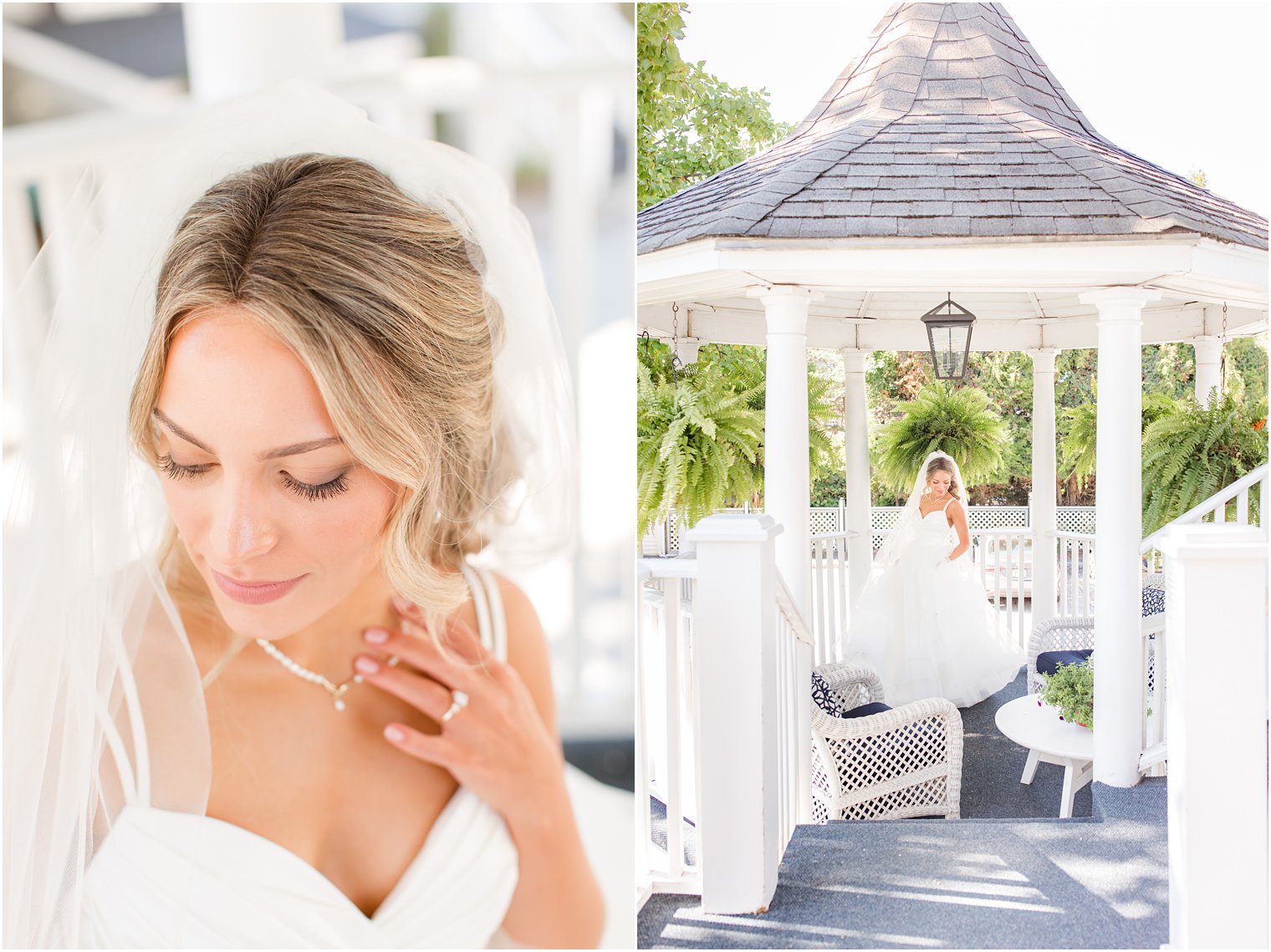 bride poses in gazebo in Spring Lake NJ