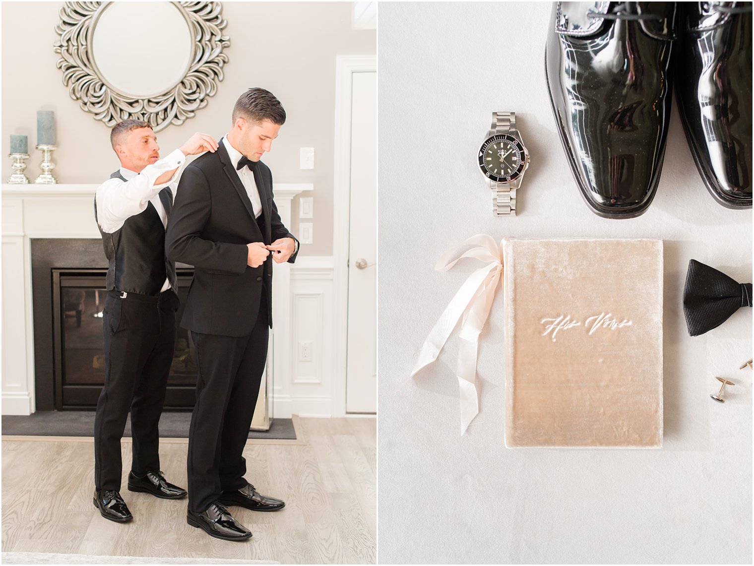 groomsman helps groom with suit jacket