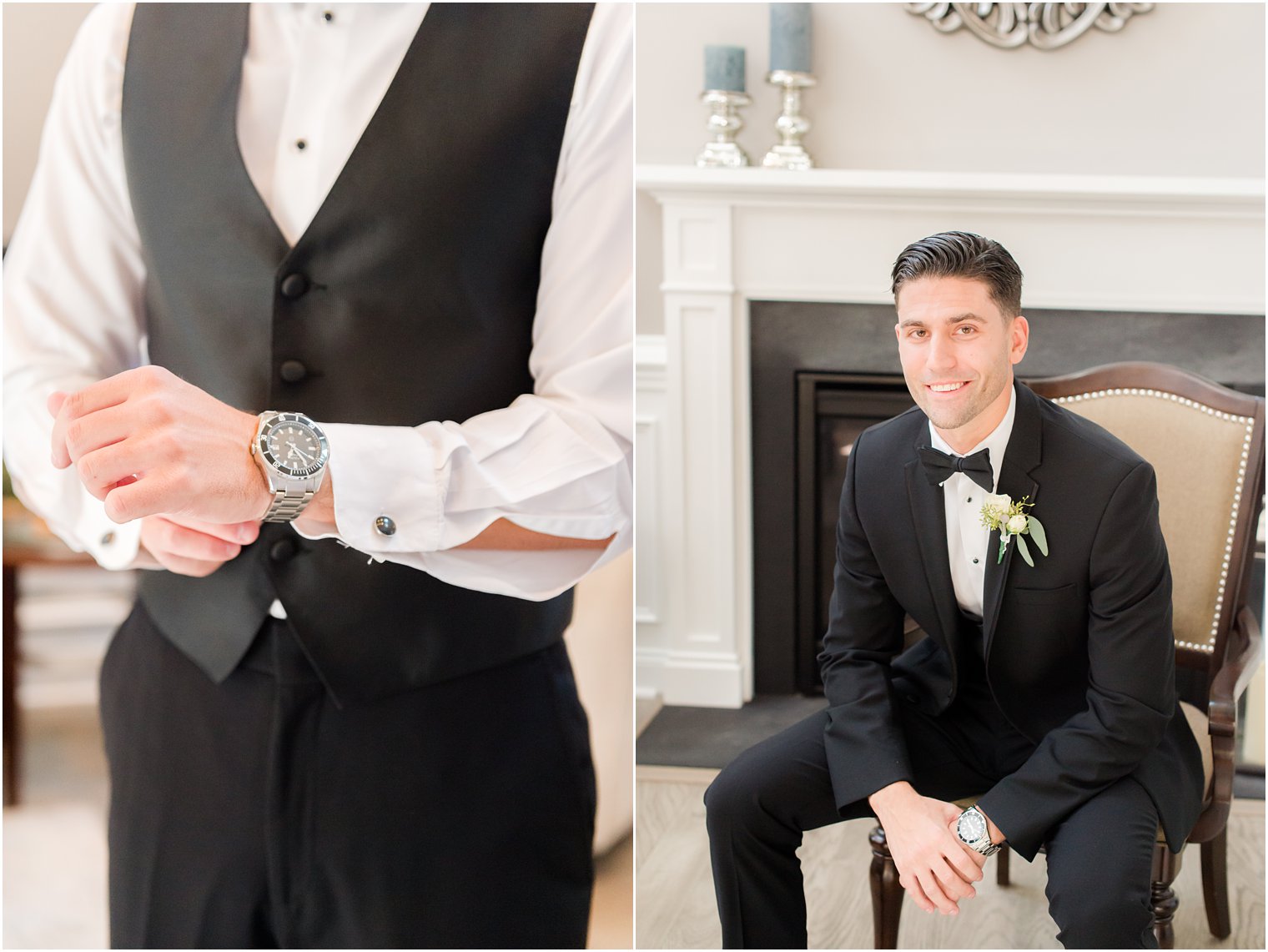 groom prepares for the Mill Lakeside Manor wedding in classic suit