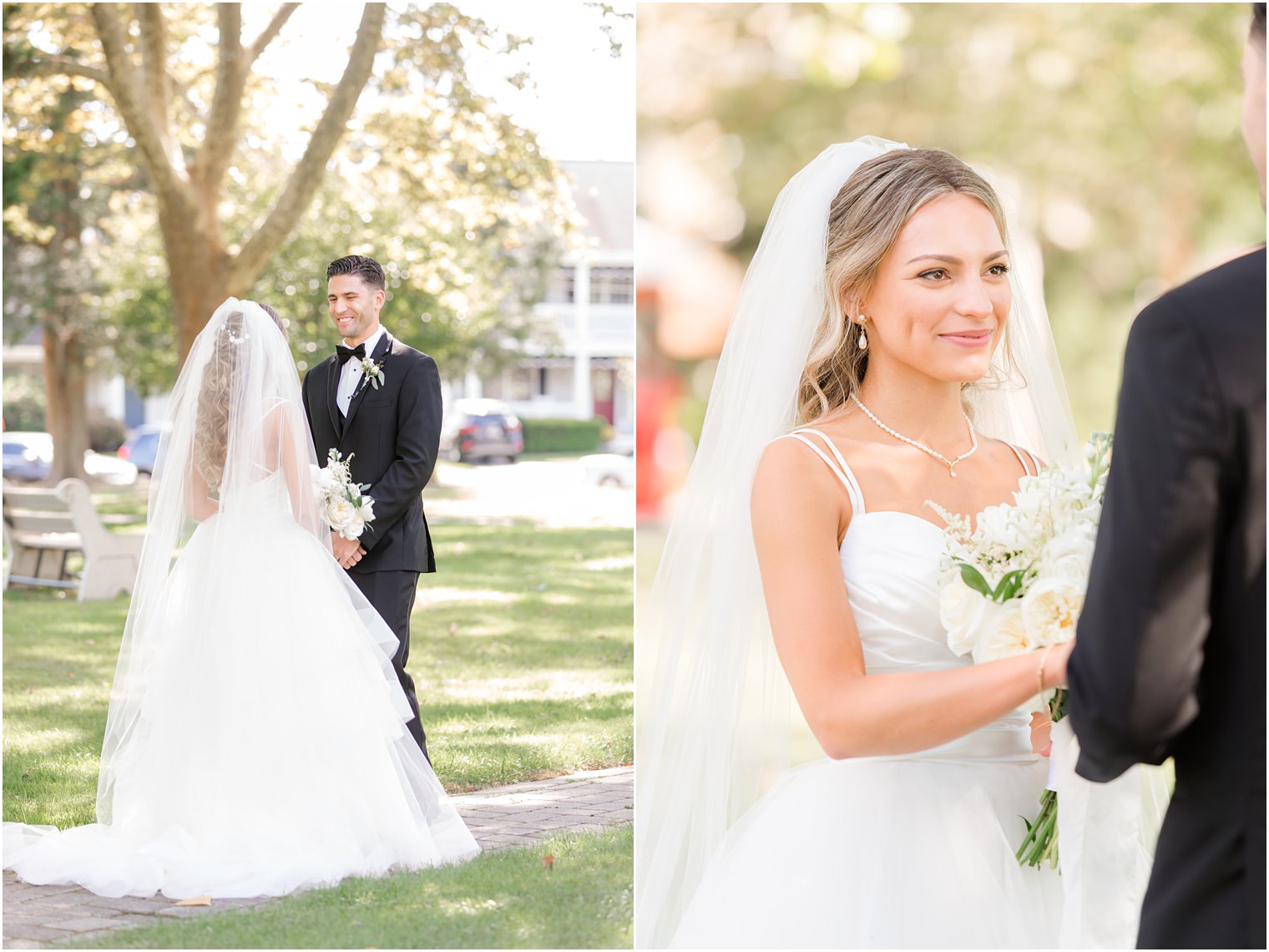 bride and groom have first look in Spring Lake NJ