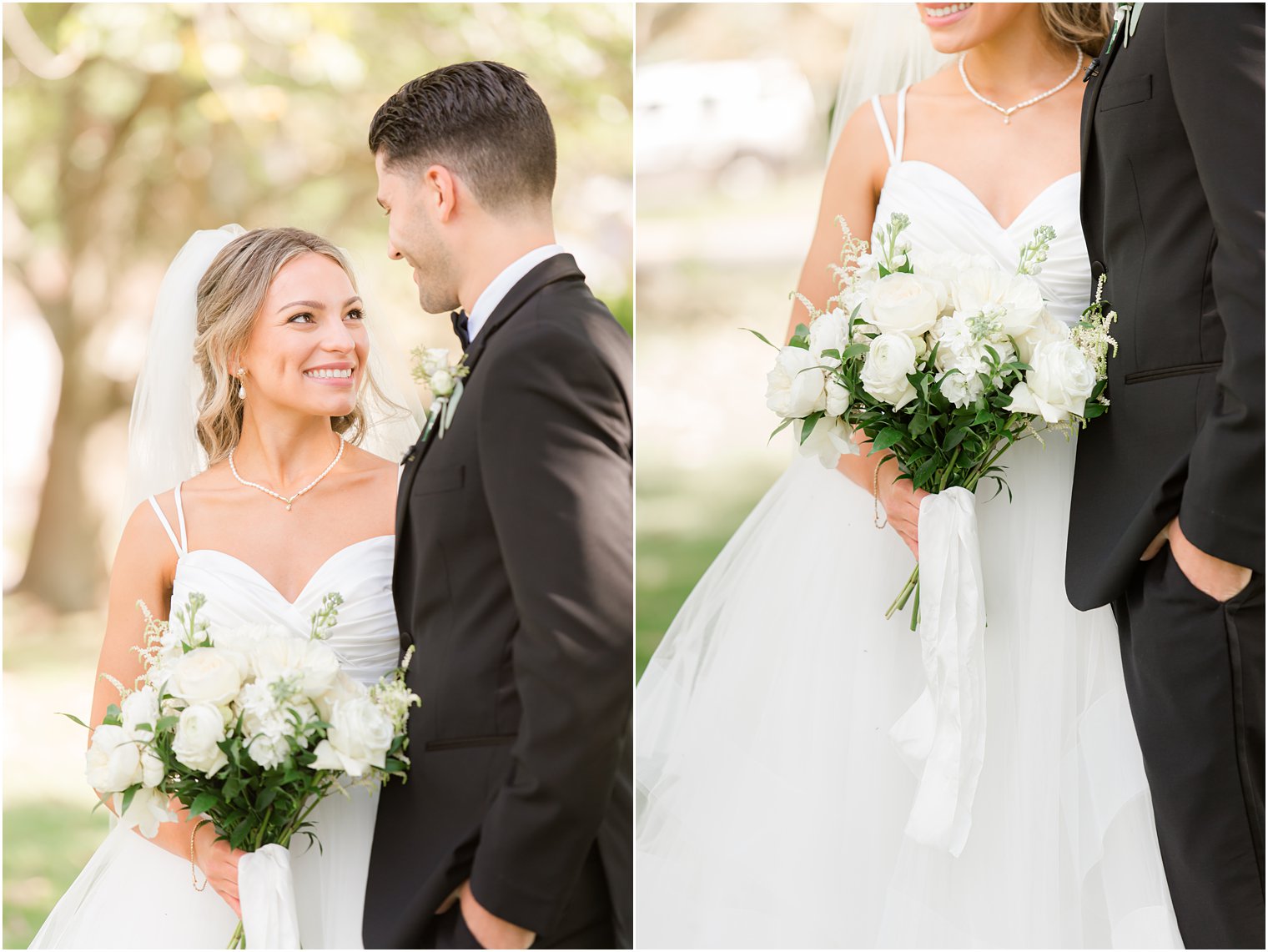 bride smiles at groom during first look in New Jersey