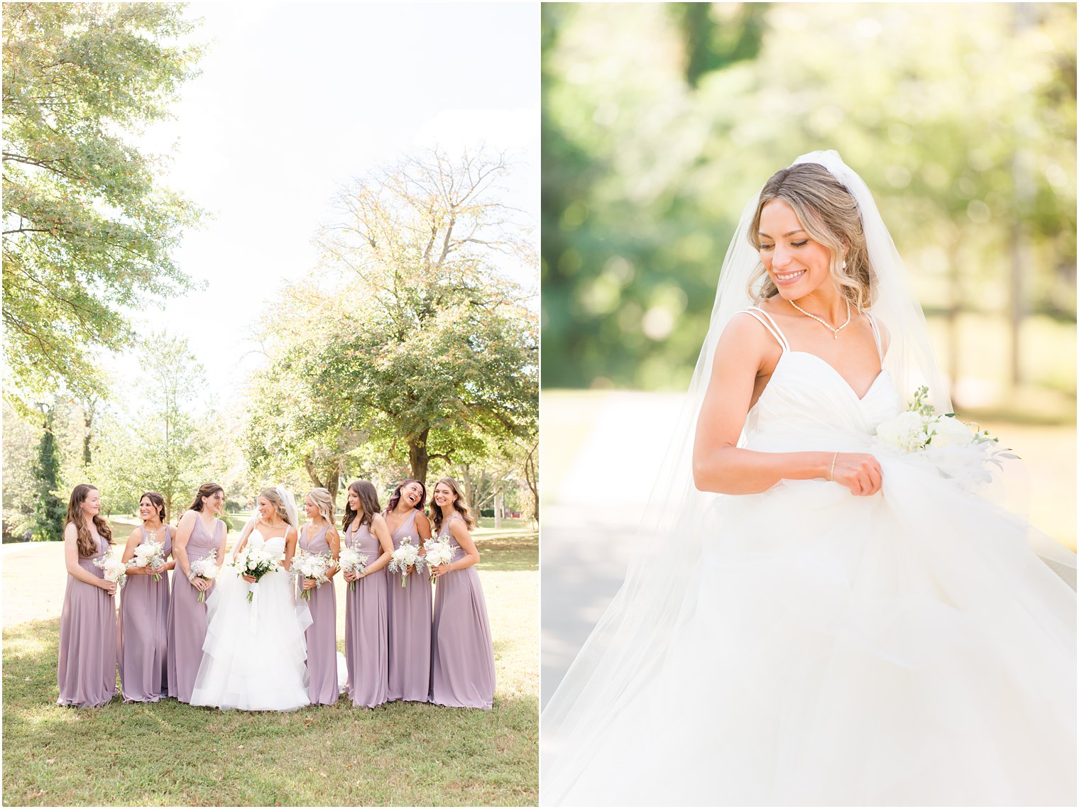 bride poses with bridesmaids in purple dresses in Spring Lake NJ