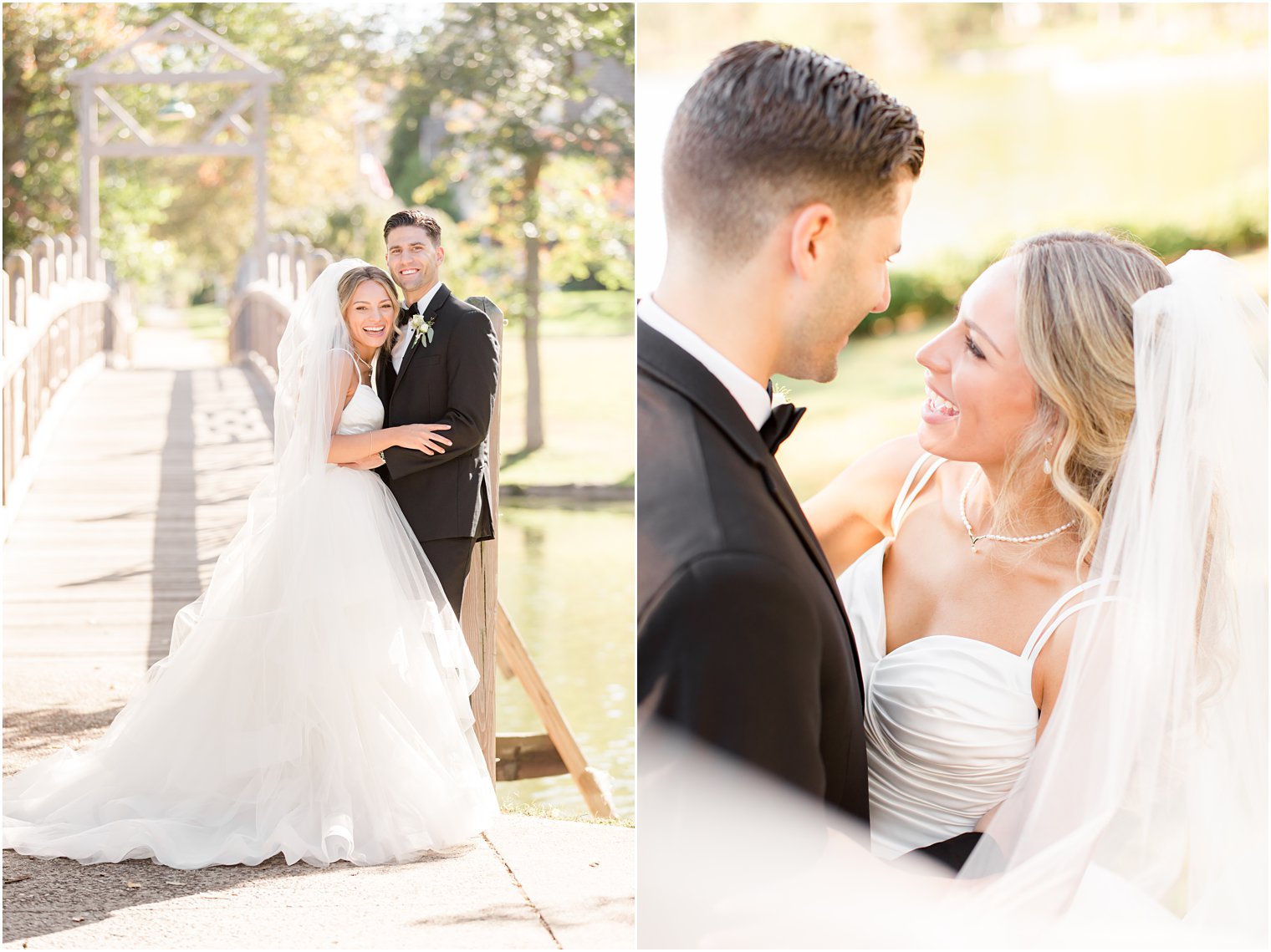 newlyweds pose on wooden bridge in New Jersey